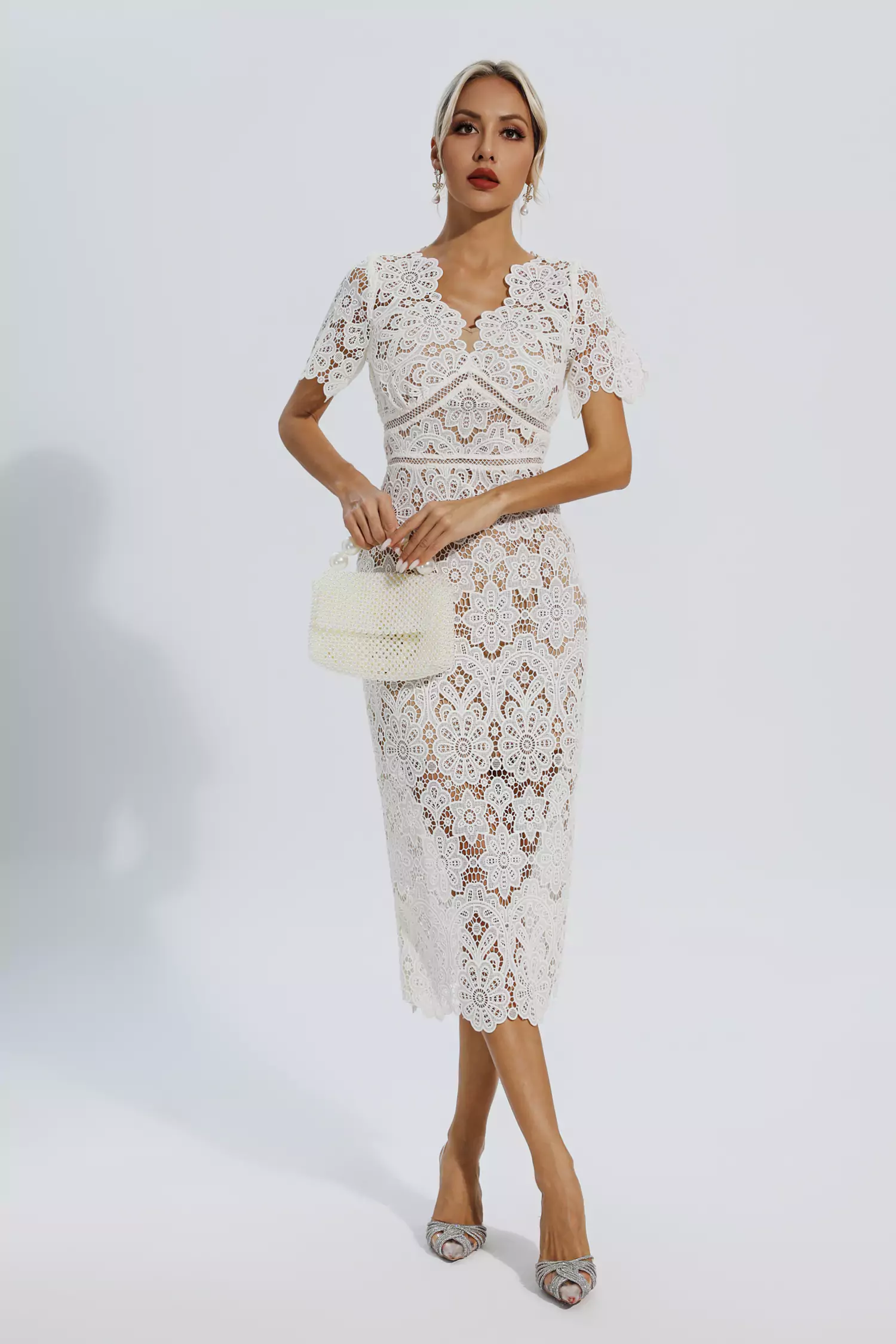 Skyler White Lace Cutout Midi Dress-CATCHALL