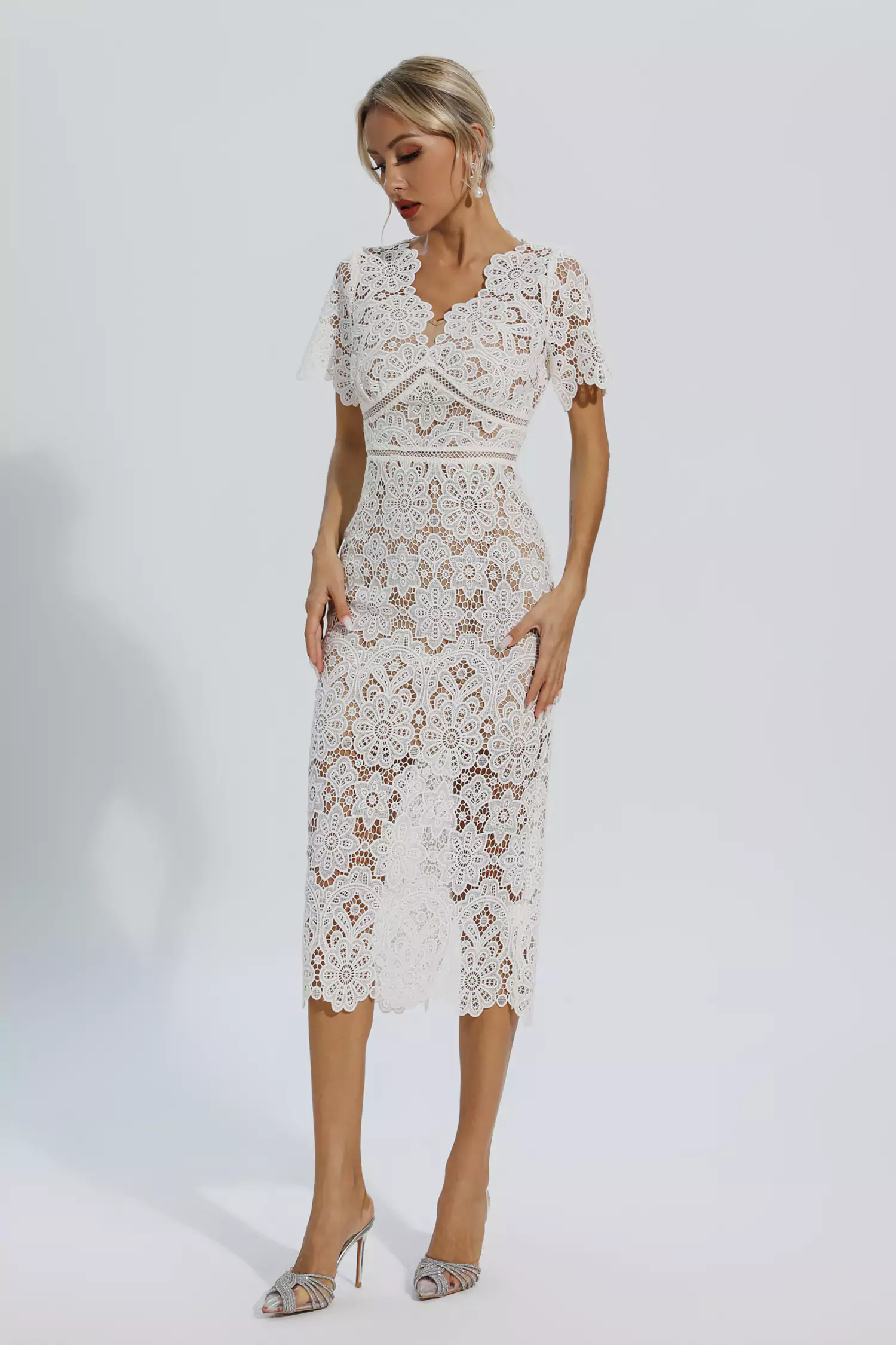 Skyler White Lace Cutout Midi Dress-CATCHALL