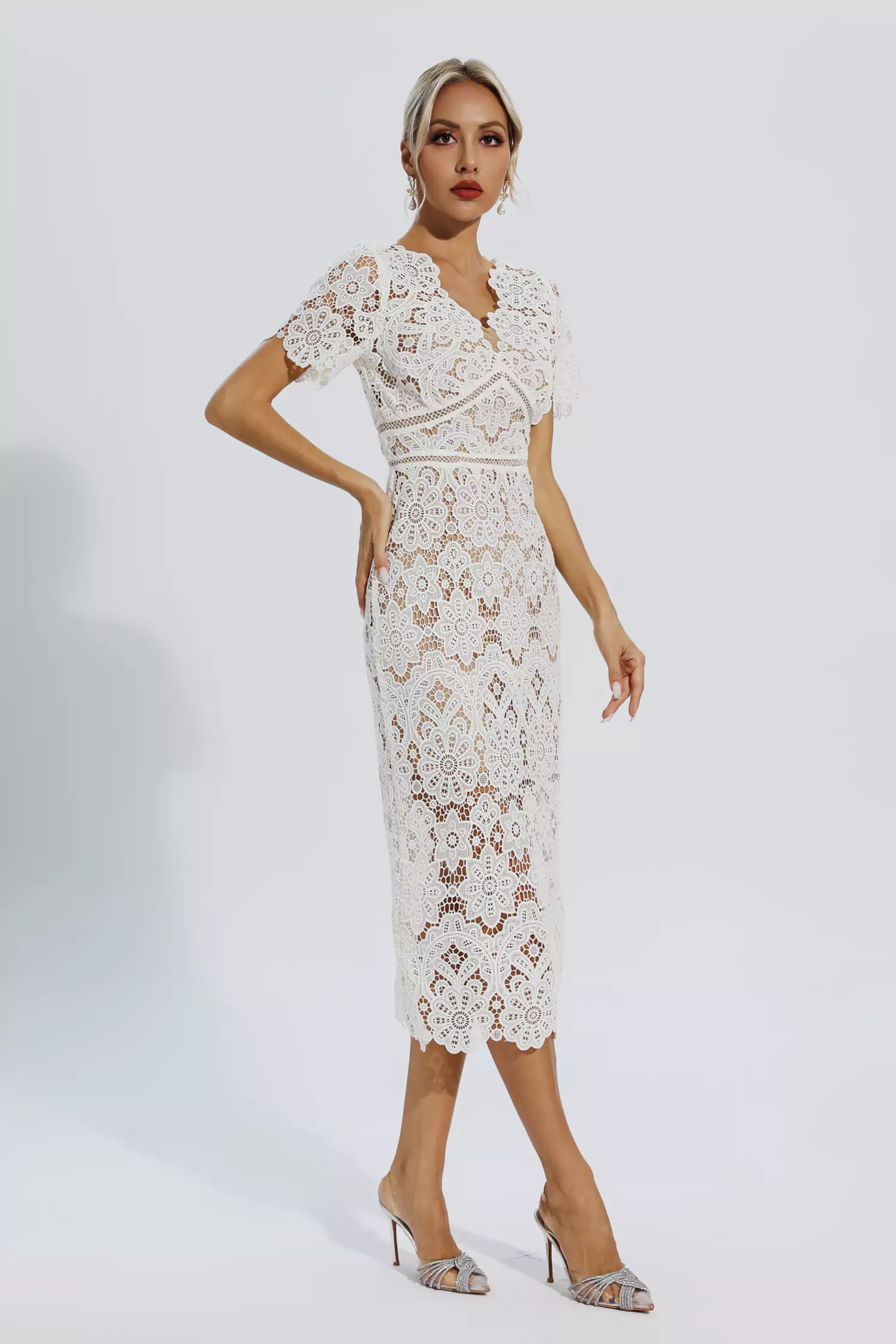 Skyler White Lace Cutout Midi Dress-CATCHALL