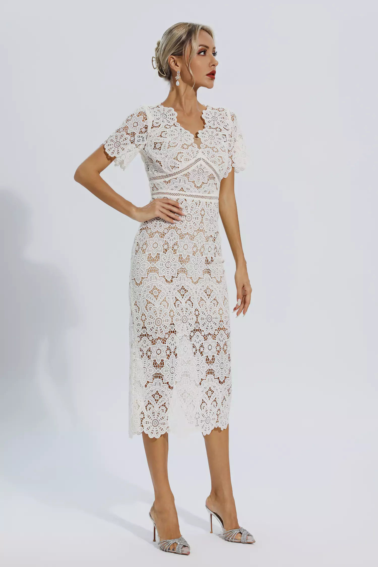 Skyler White Lace Cutout Midi Dress-CATCHALL