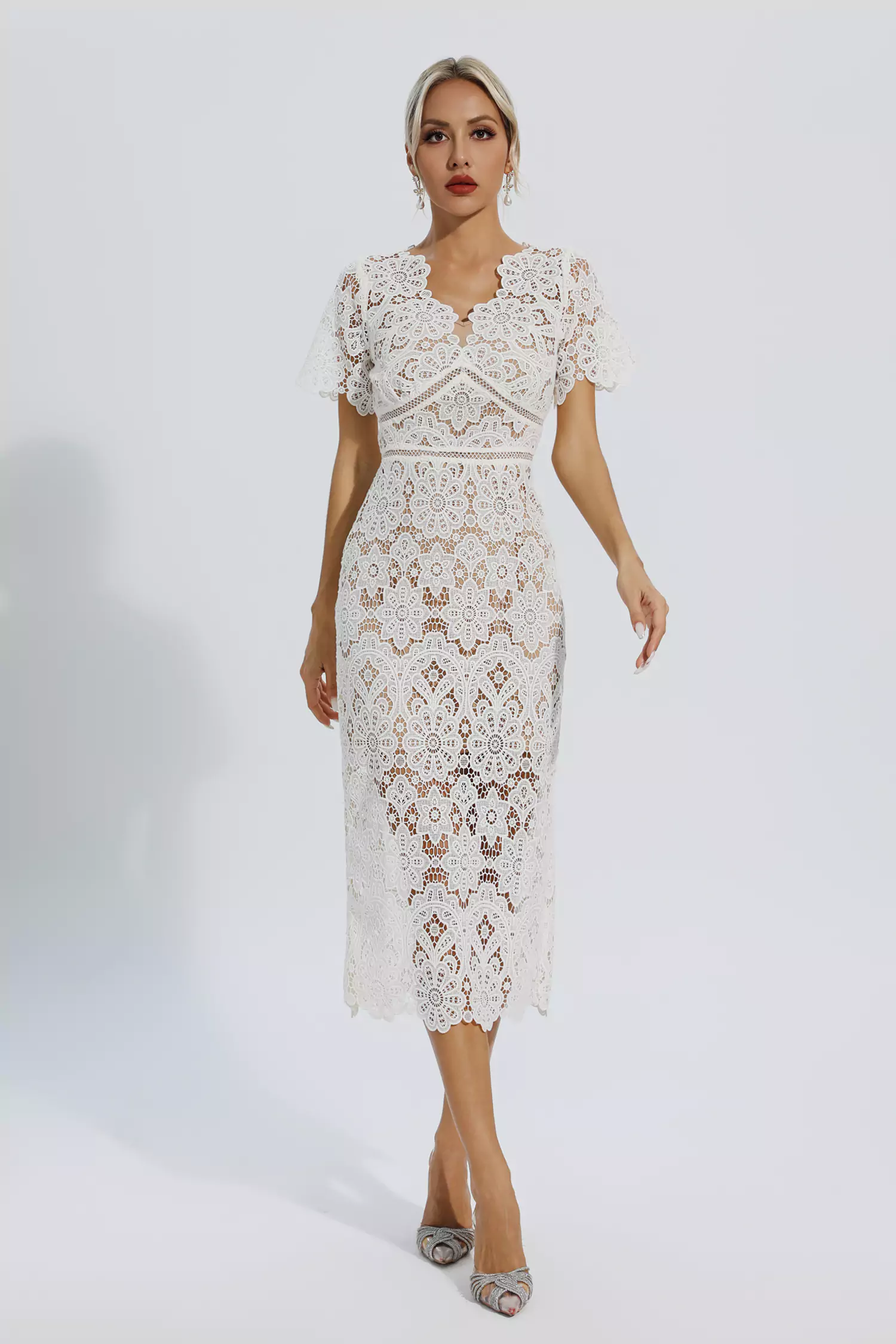Skyler White Lace Cutout Midi Dress-CATCHALL