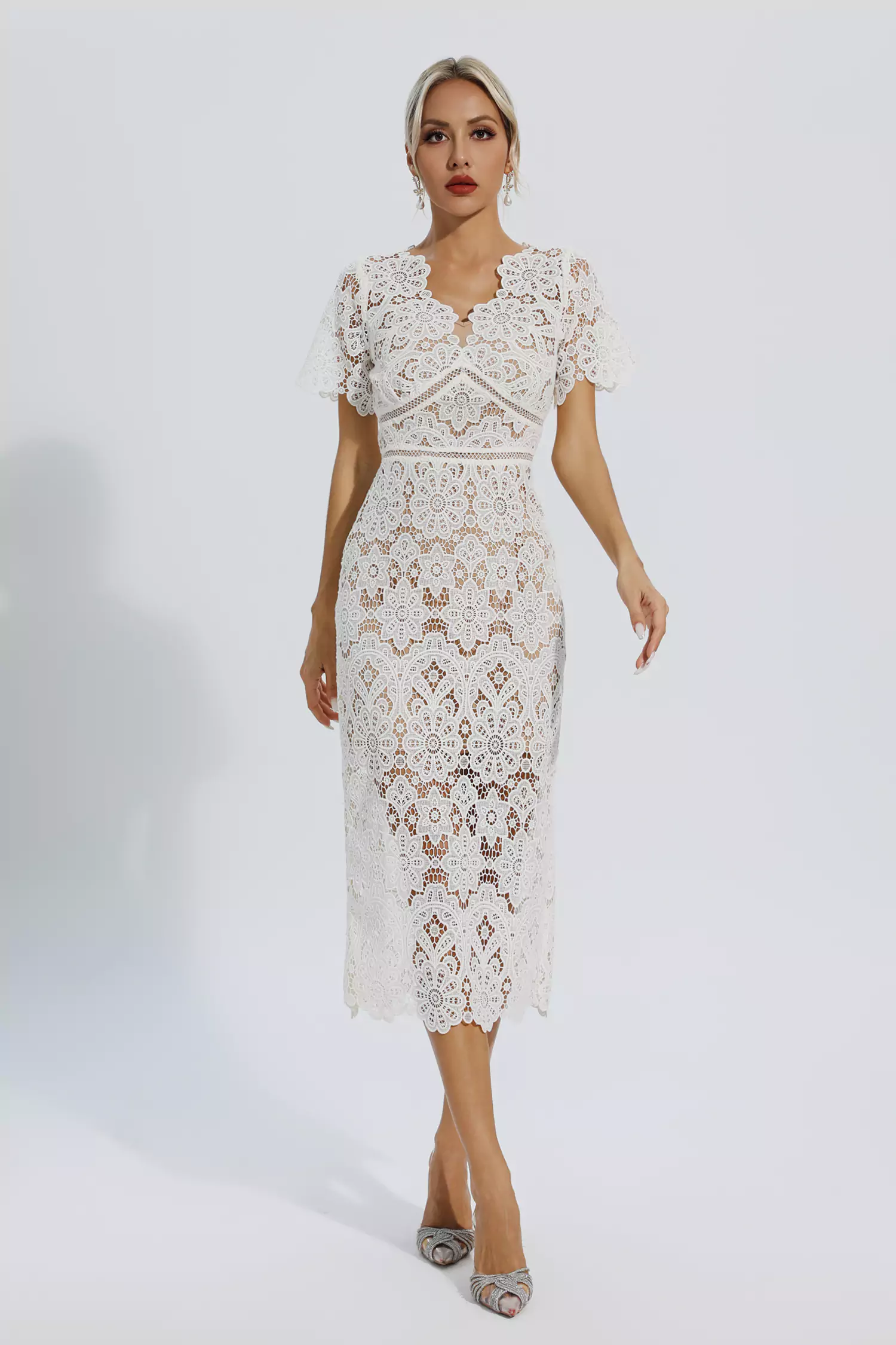 Skyler White Lace Cutout Midi Dress