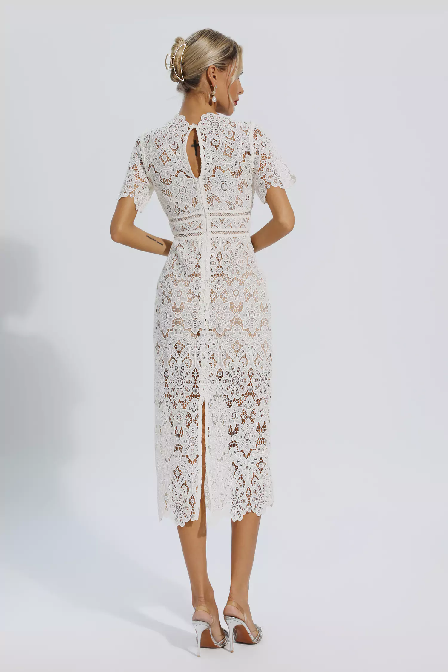 Skyler White Lace Cutout Midi Dress-CATCHALL