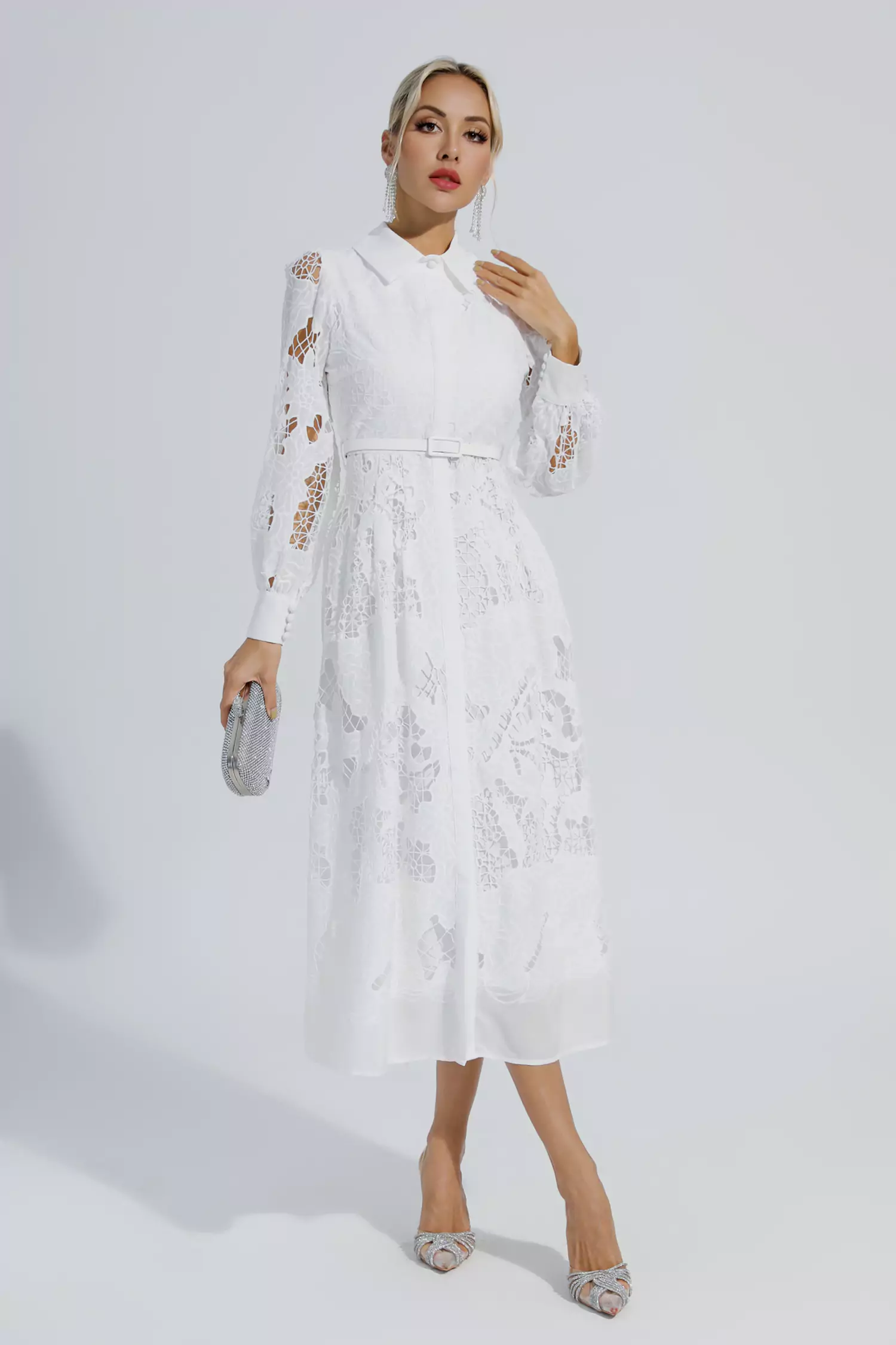 Sloan White Hollow Long Sleeve Midi Dress-CATCHALL