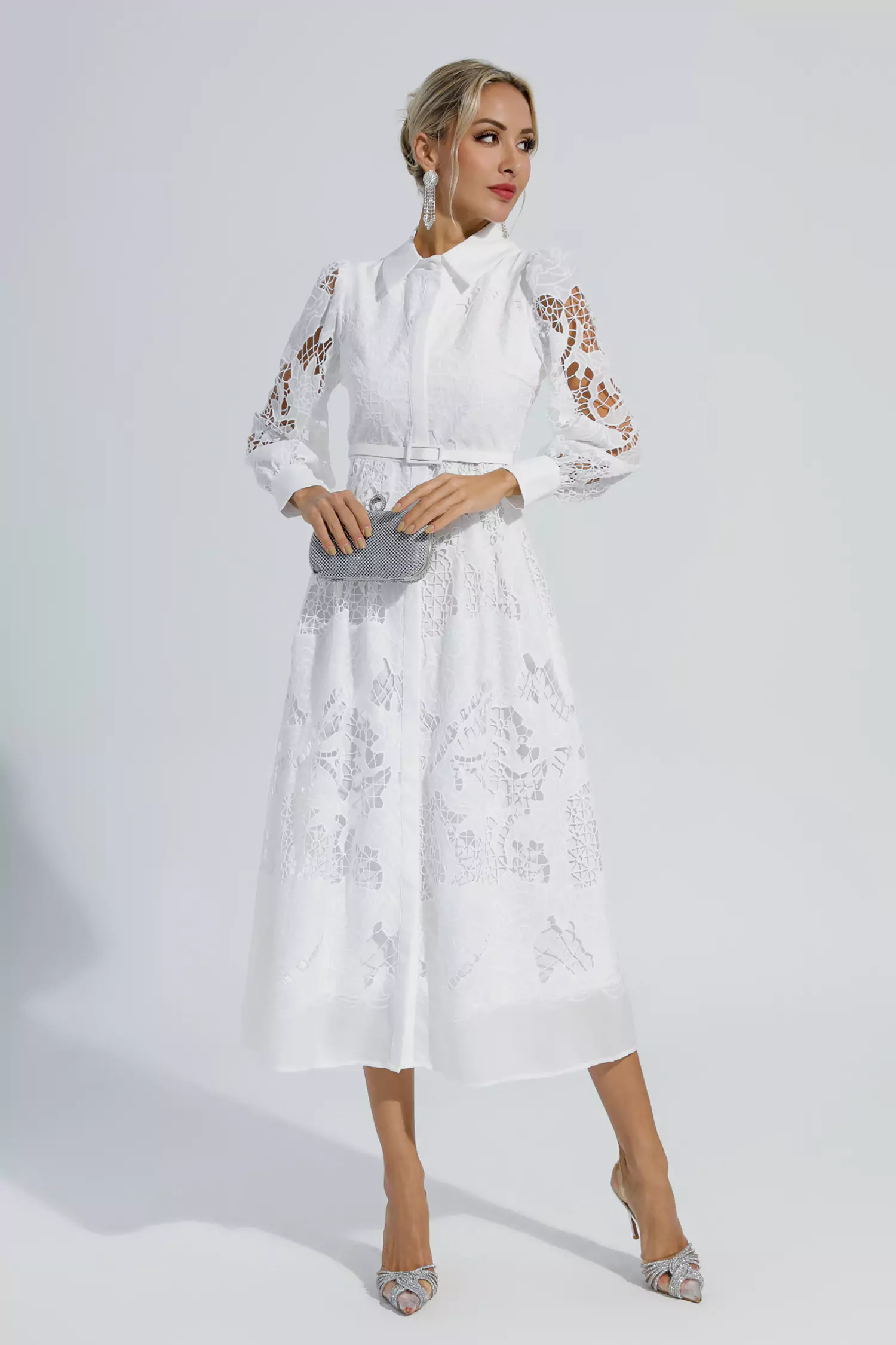 Sloan White Hollow Long Sleeve Midi Dress-CATCHALL