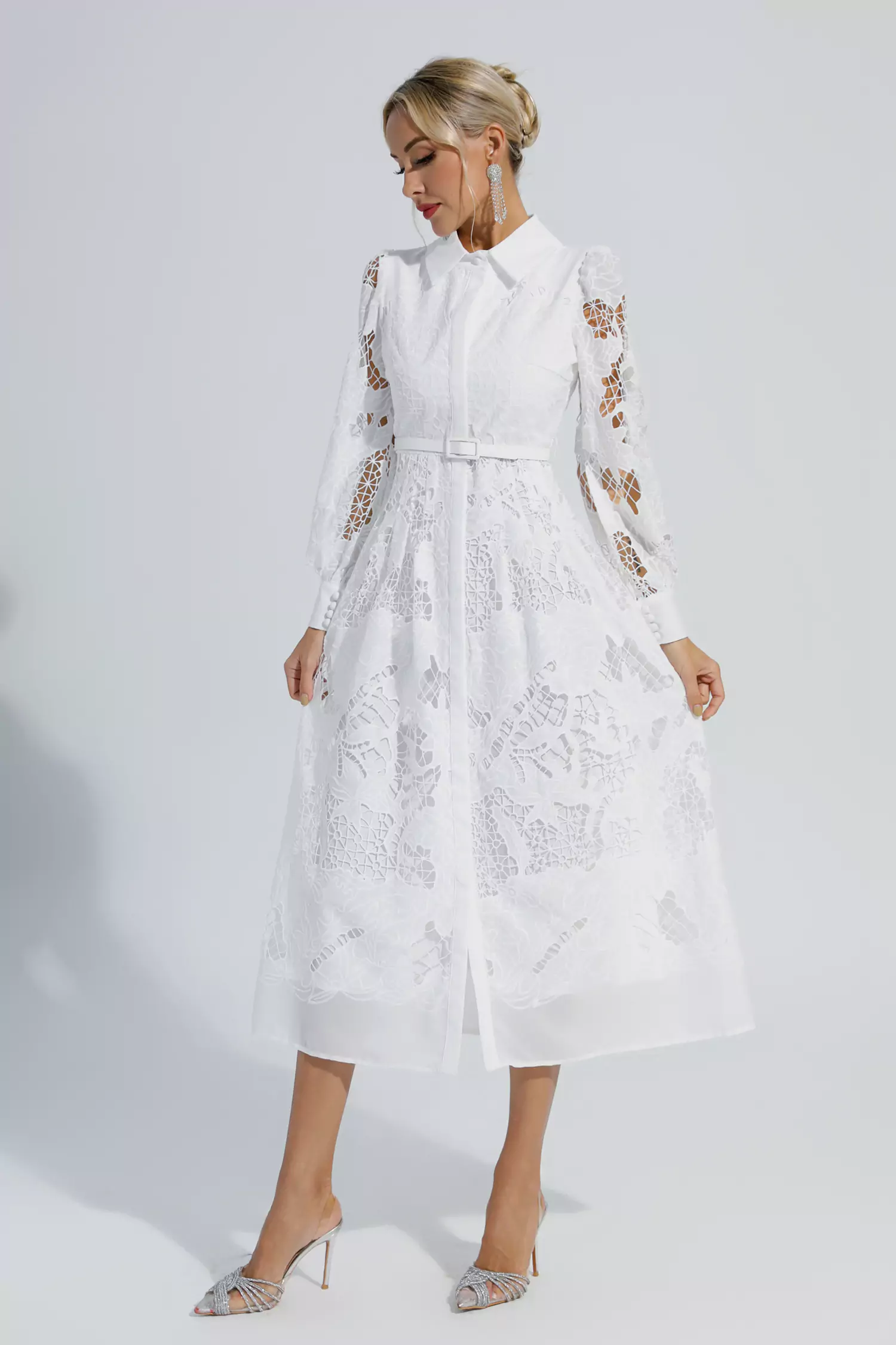Sloan White Hollow Long Sleeve Midi Dress-CATCHALL