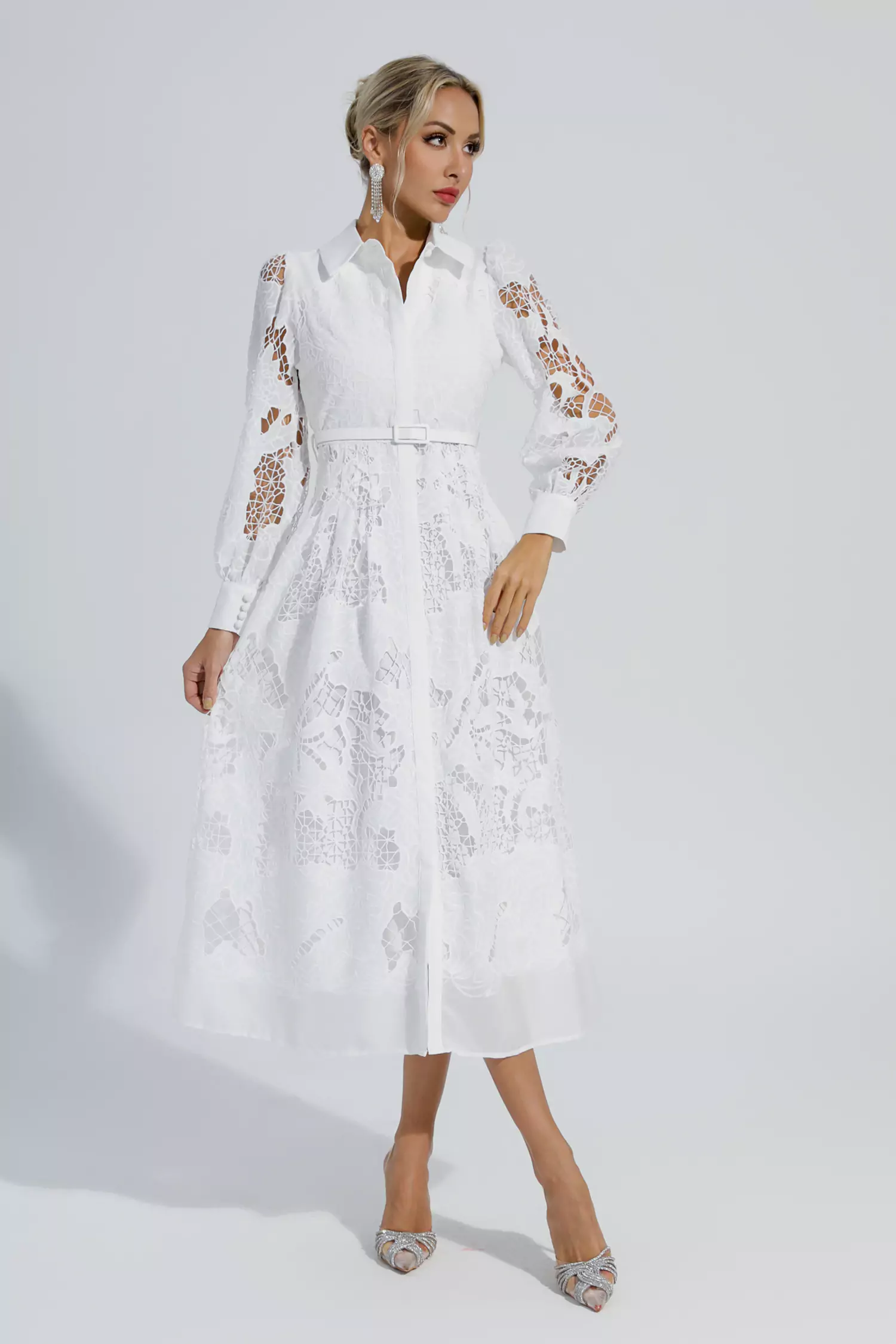 Sloan White Hollow Long Sleeve Midi Dress-CATCHALL