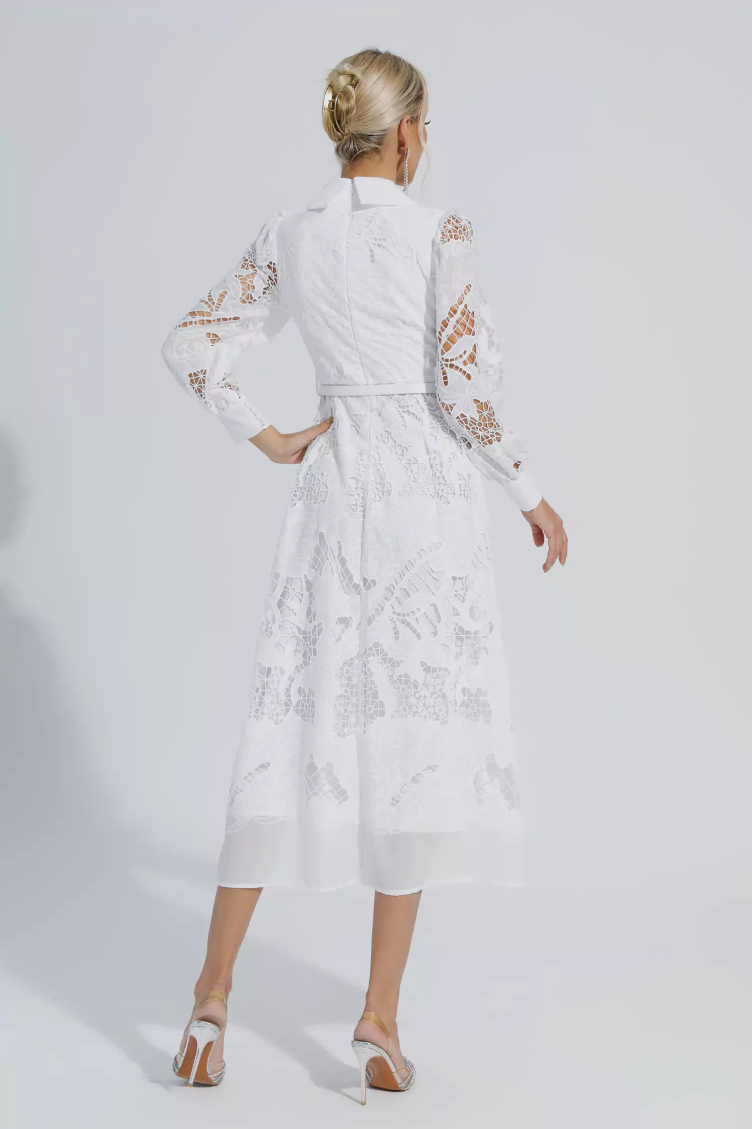 Sloan White Hollow Long Sleeve Midi Dress-CATCHALL