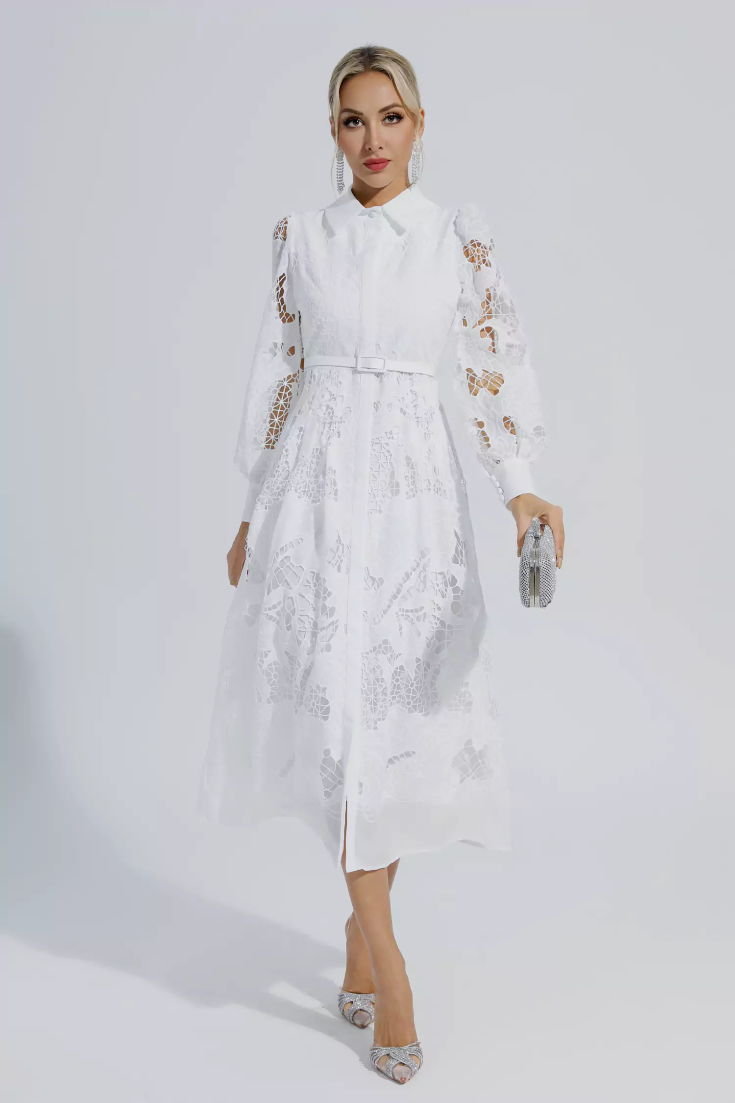 Sloan White Hollow Long Sleeve Midi Dress-CATCHALL