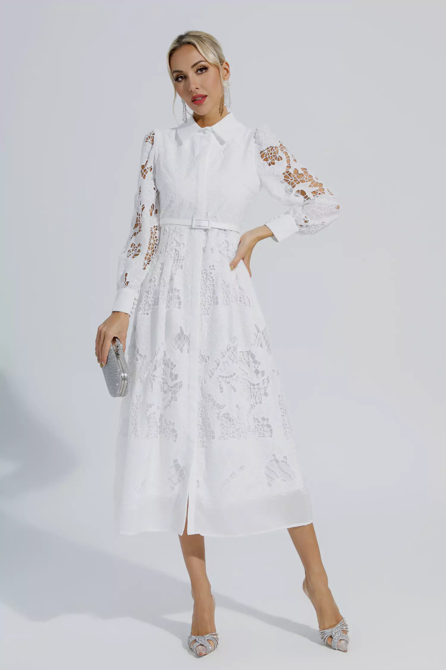 Sloan White Hollow Long Sleeve Midi Dress-CATCHALL