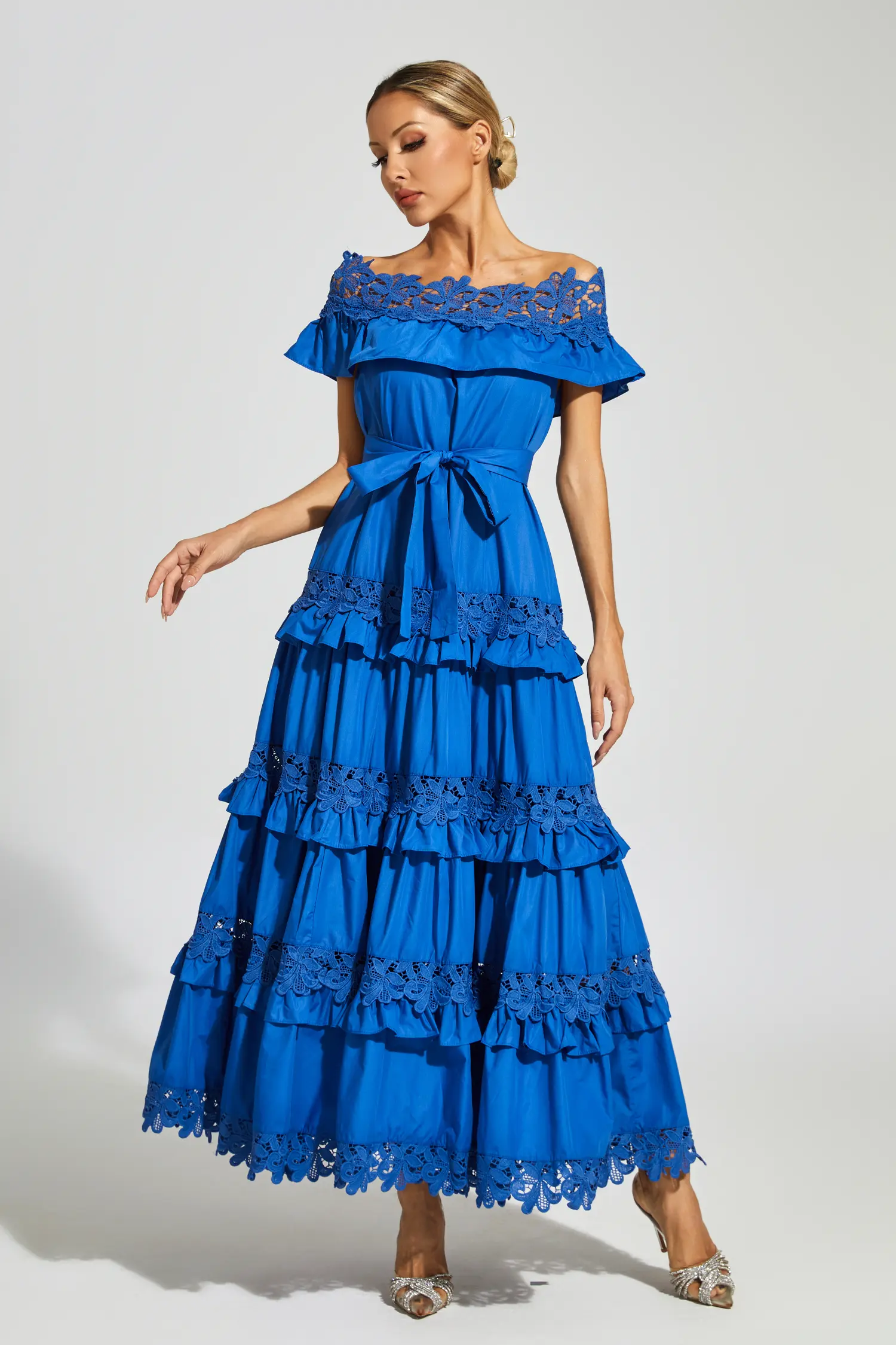 Soraya Marine Blue Ruffle Off Shoulder Dress-CATCHALL