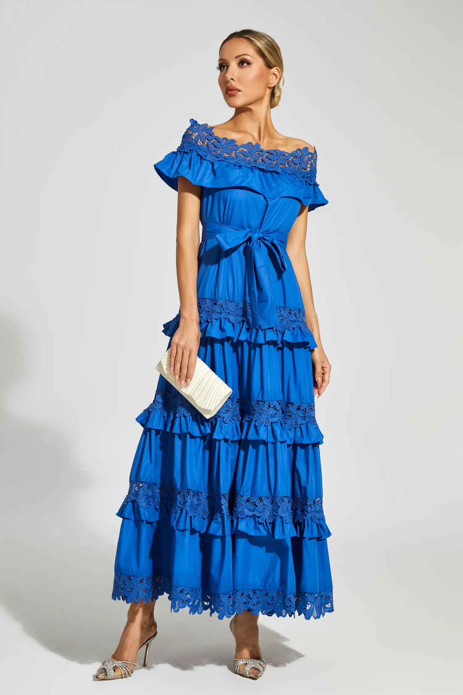 Soraya Marine Blue Ruffle Off Shoulder Dress-CATCHALL