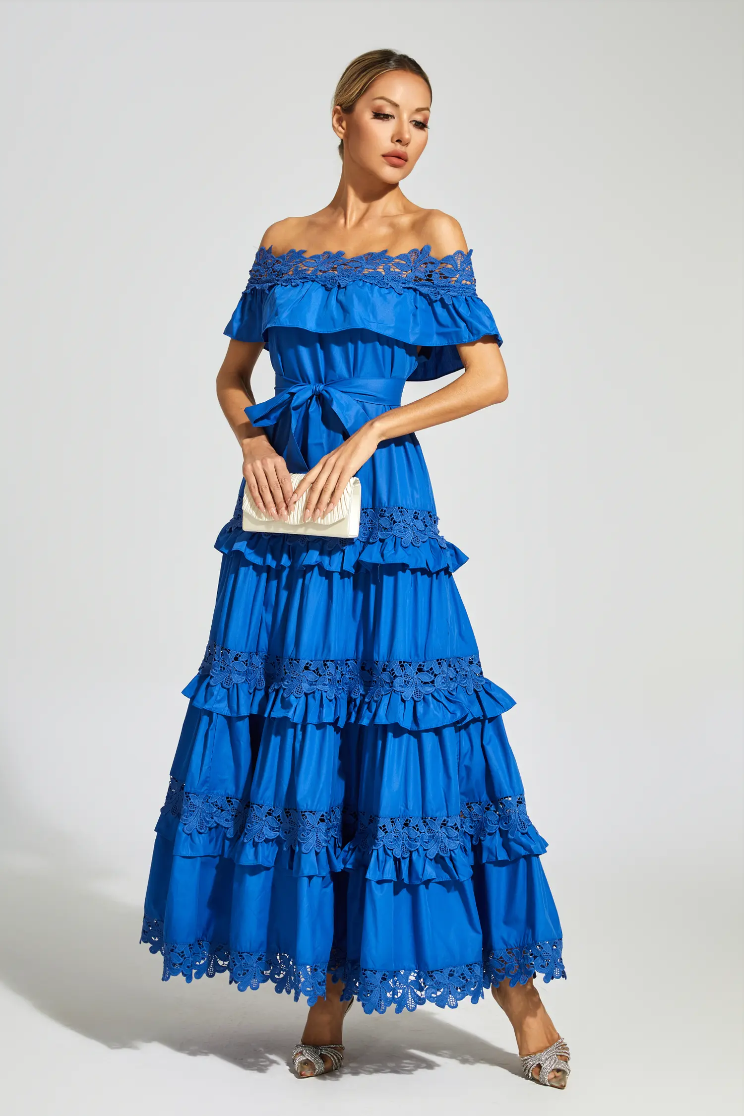 Soraya Marine Blue Ruffle Off Shoulder Dress-CATCHALL