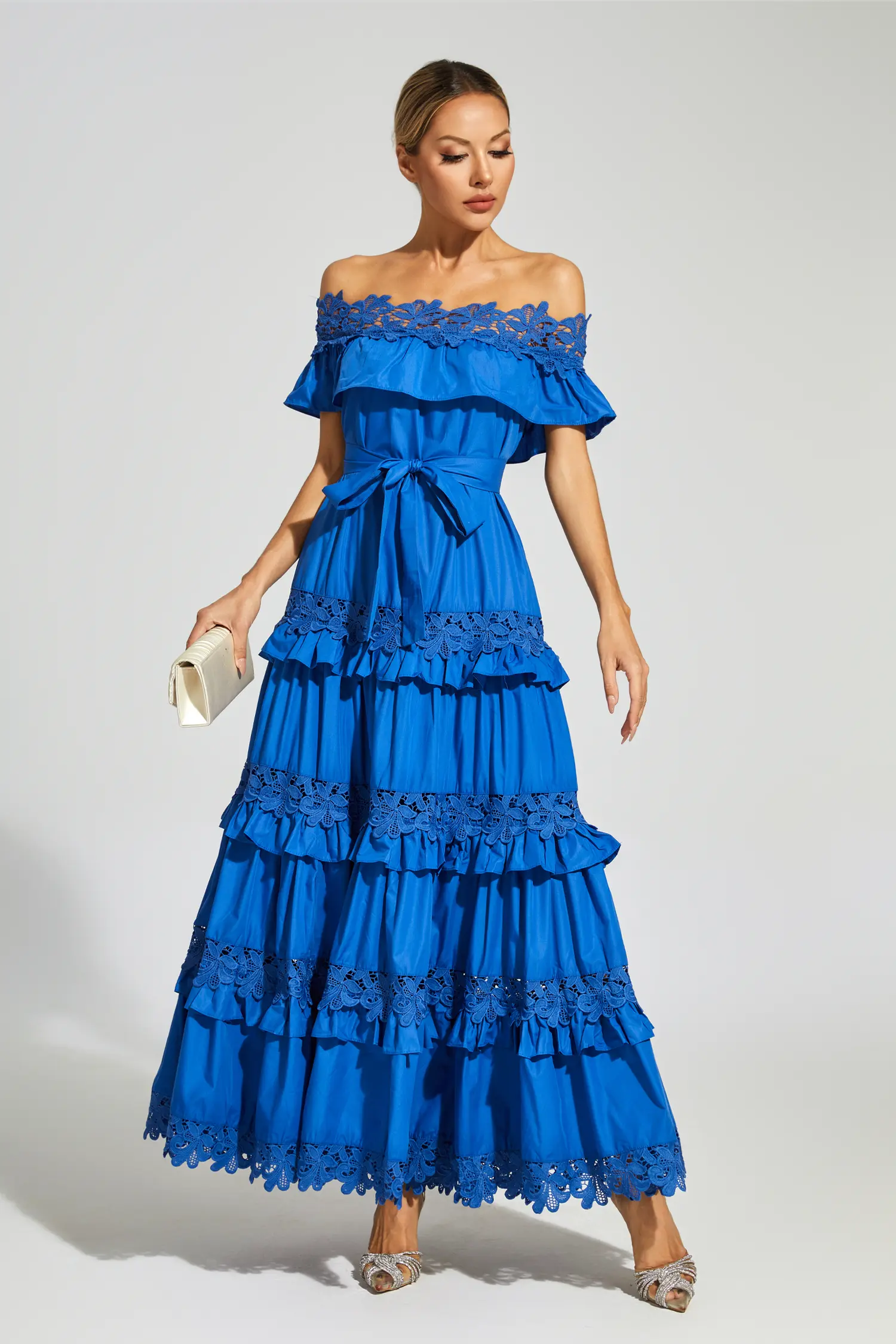 Soraya Marine Blue Ruffle Off Shoulder Dress-CATCHALL