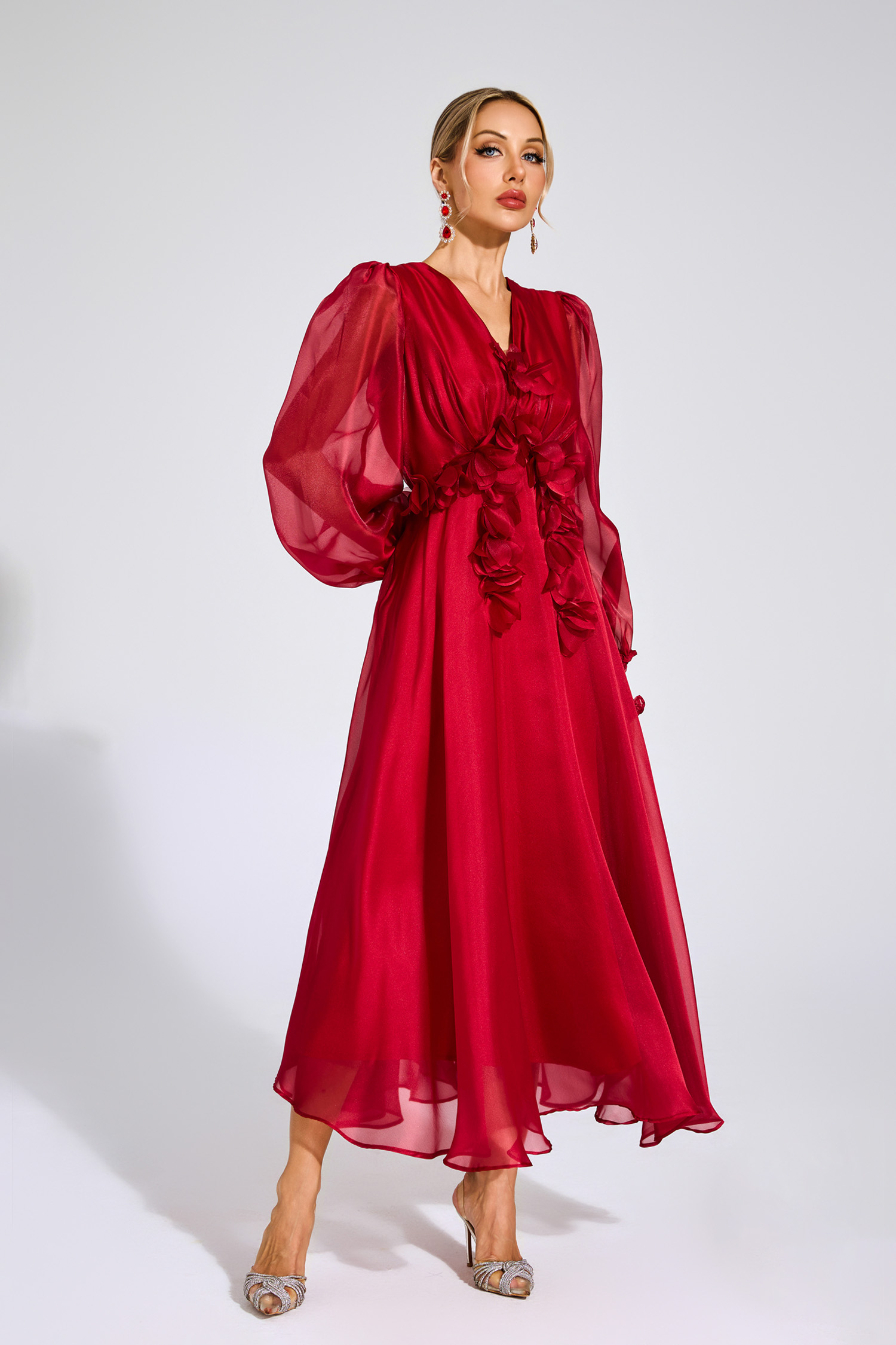 Steele Red Flower Satin Midi Dress