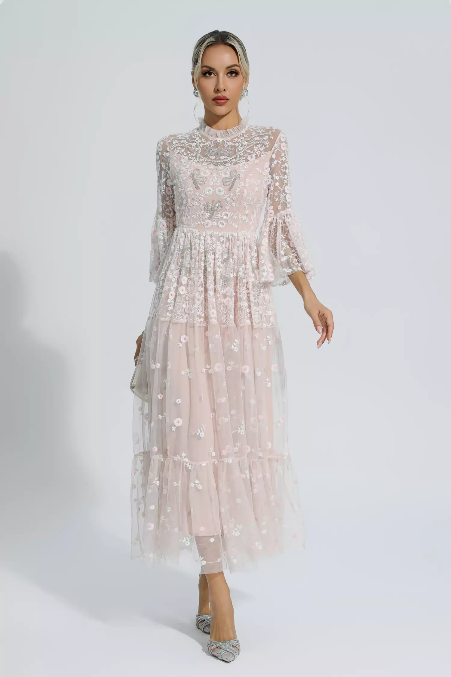 Mikael - BRIANA - Long chiffon dress with fully beaded lace top and long  sleeves