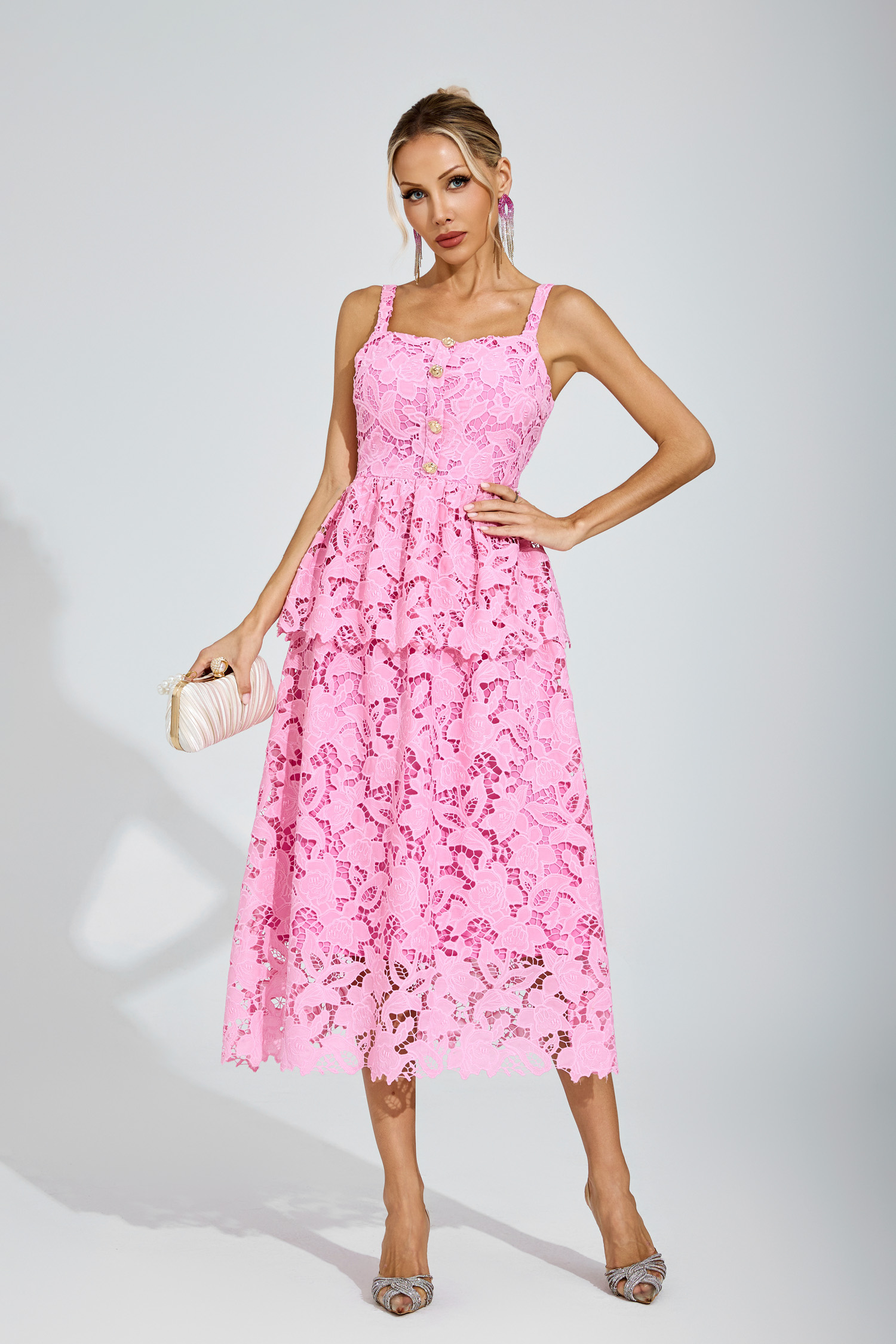 Suzanne Pink Lace Midi Dress