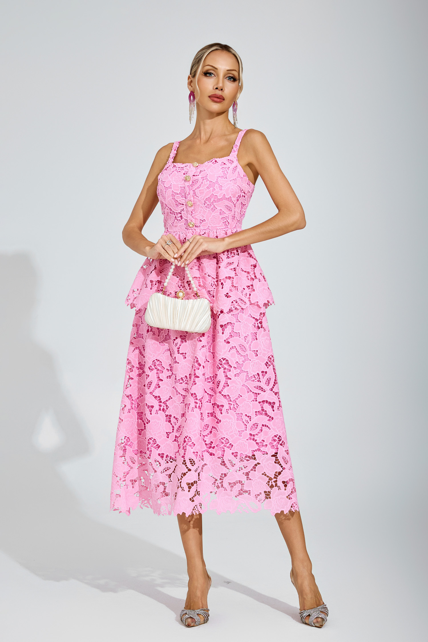 Suzanne Pink Lace Midi Dress