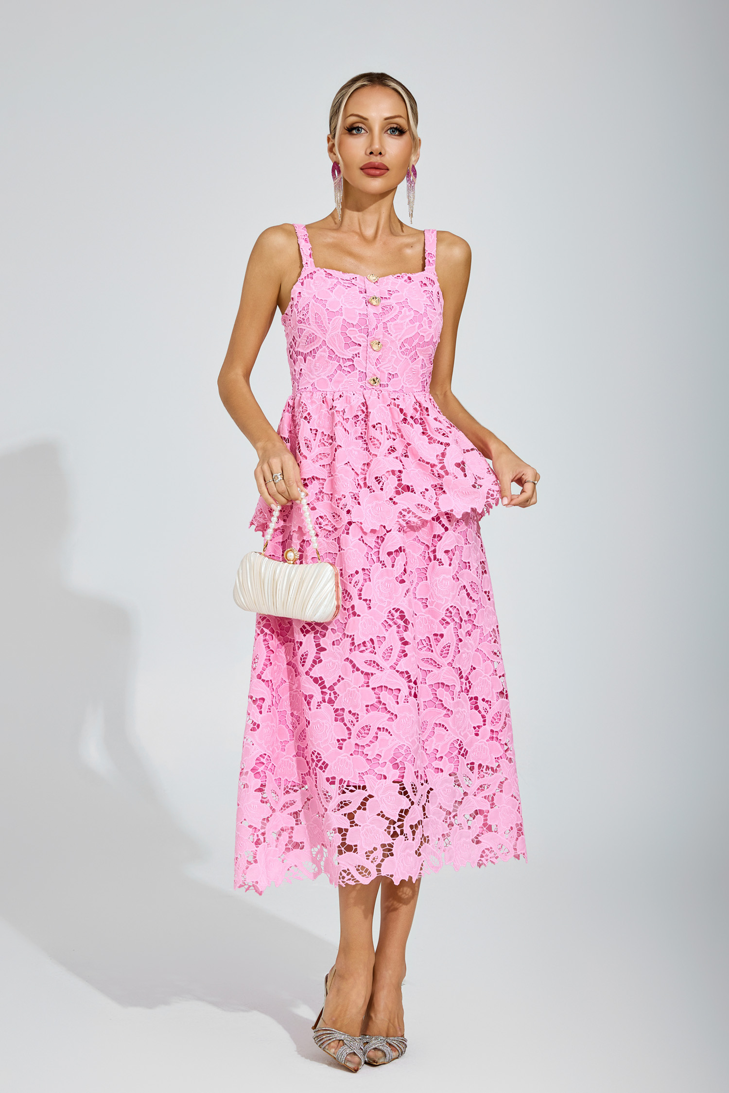 Suzanne Pink Lace Midi Dress