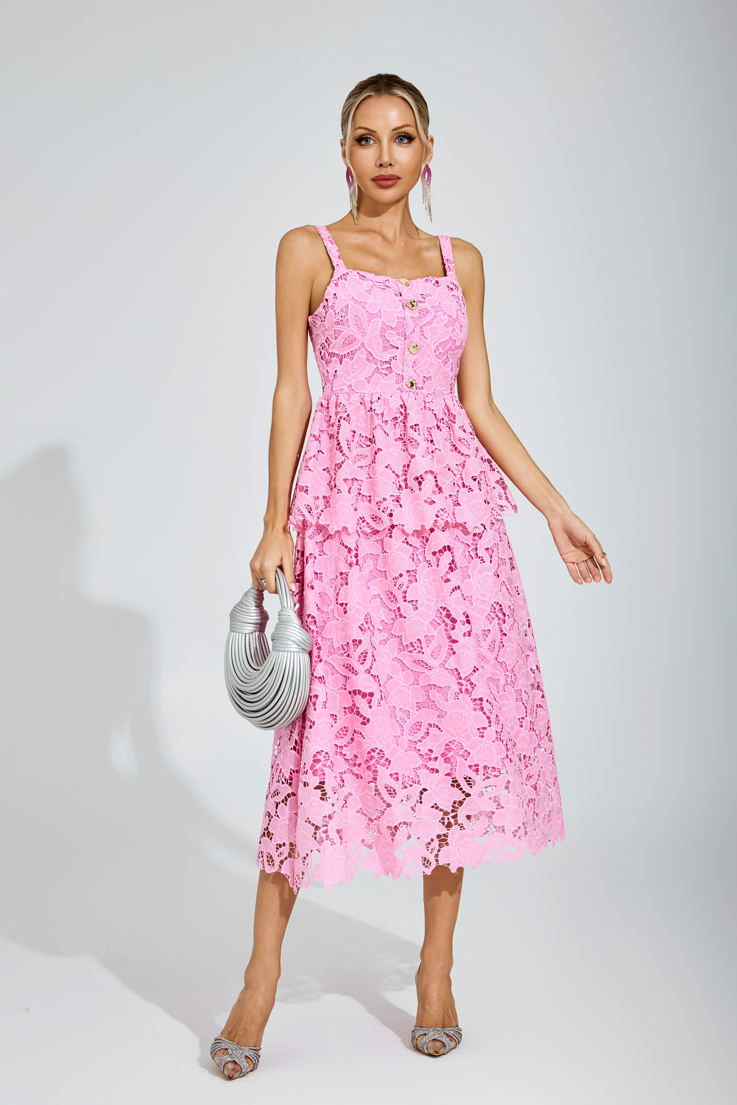 Suzanne Pink Lace Midi Dress