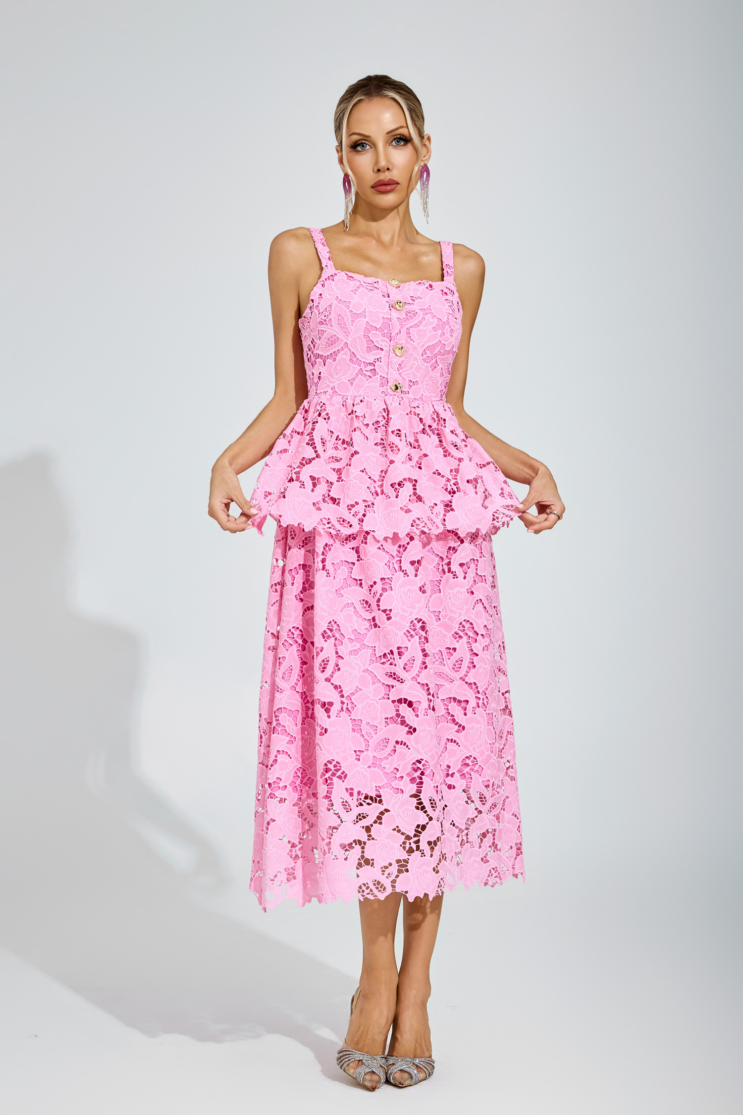 Suzanne Pink Lace Midi Dress