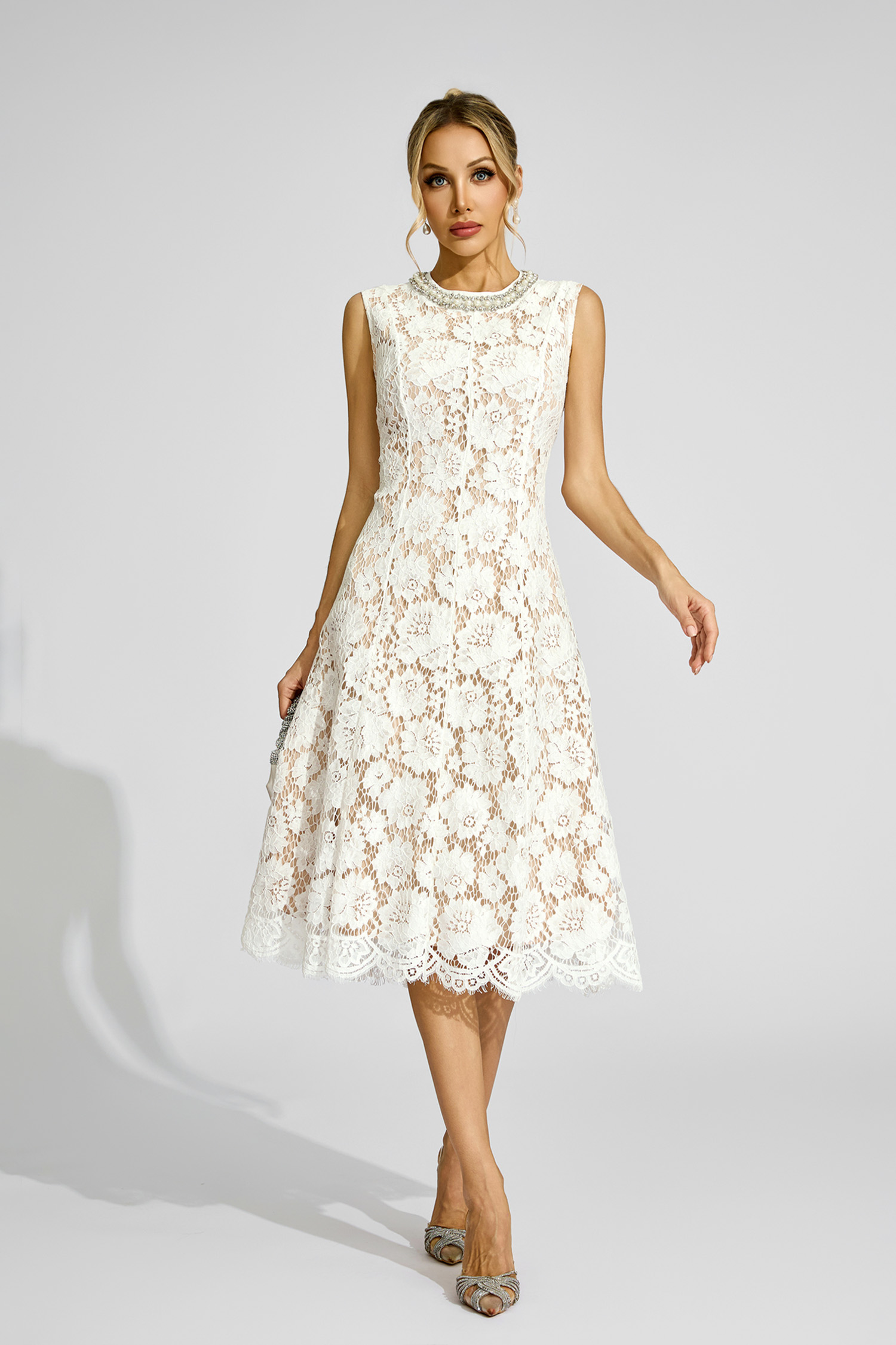 Swinburne White Lace Embellished Dress