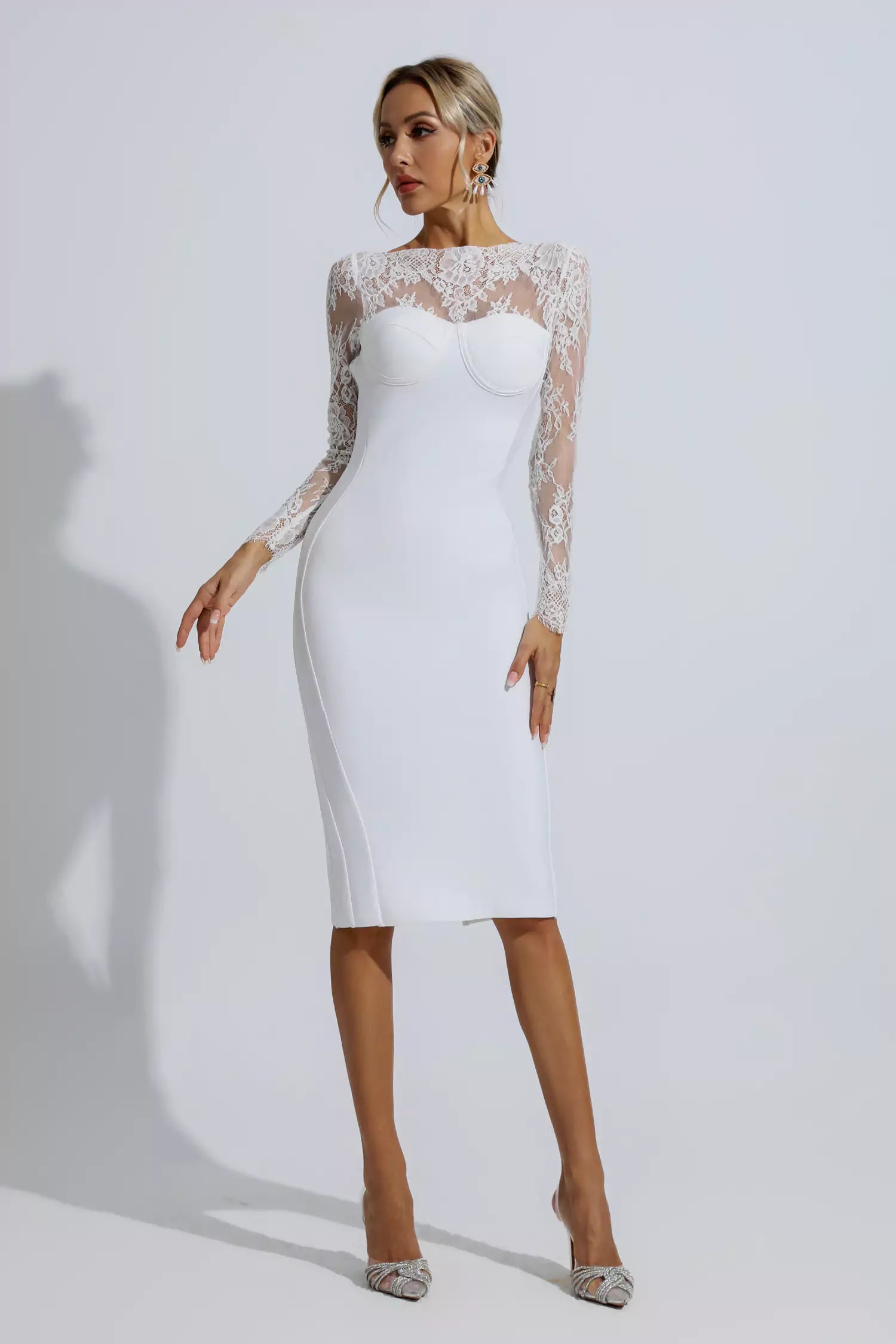 White lace long 2024 sleeve midi dress