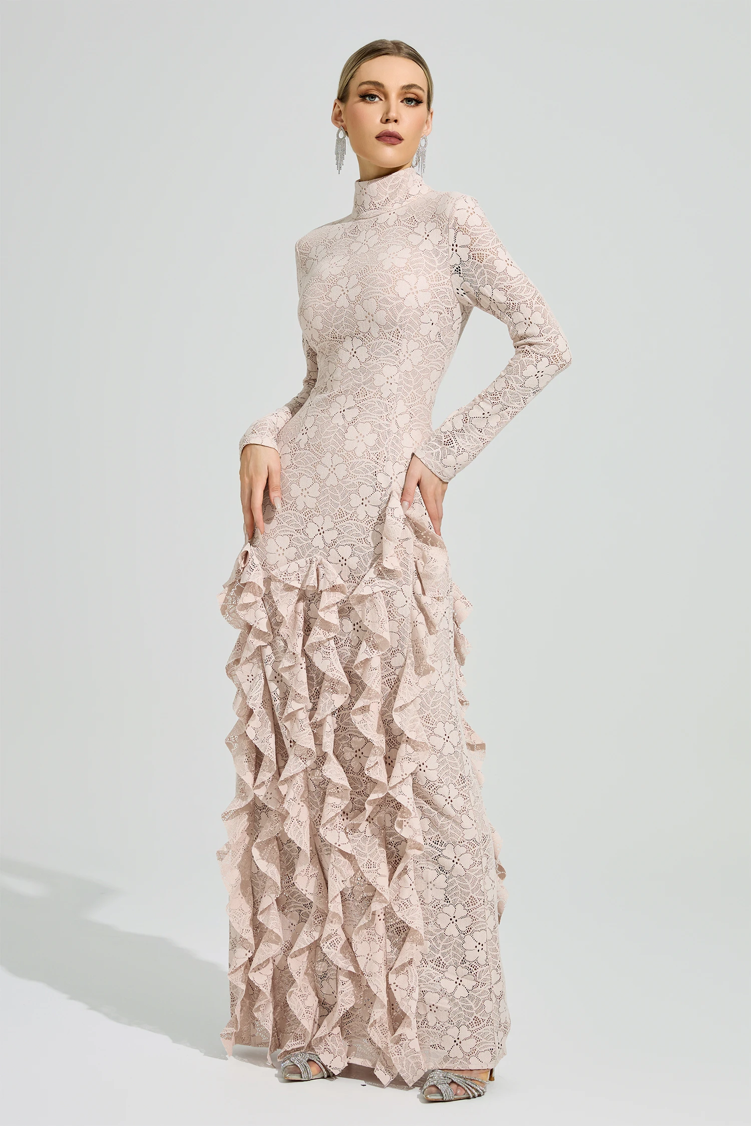 Tagore Pink Ruffle Formal Dress