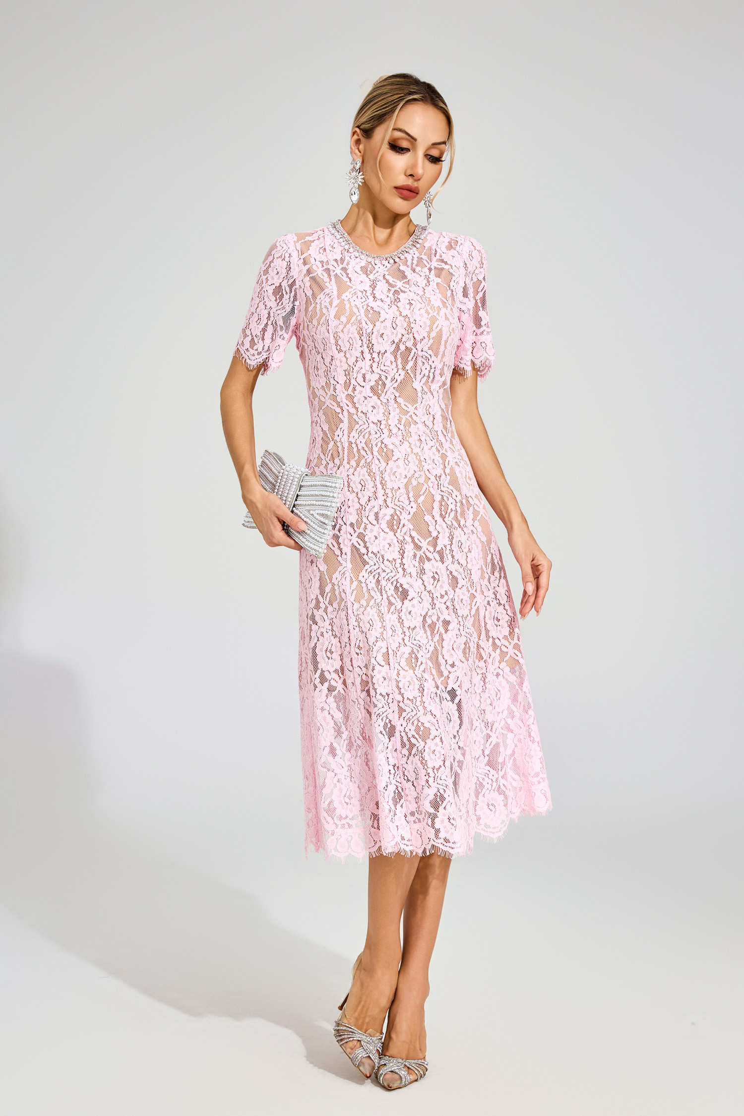 Tate Pink Cut Out Lace Midi Dress