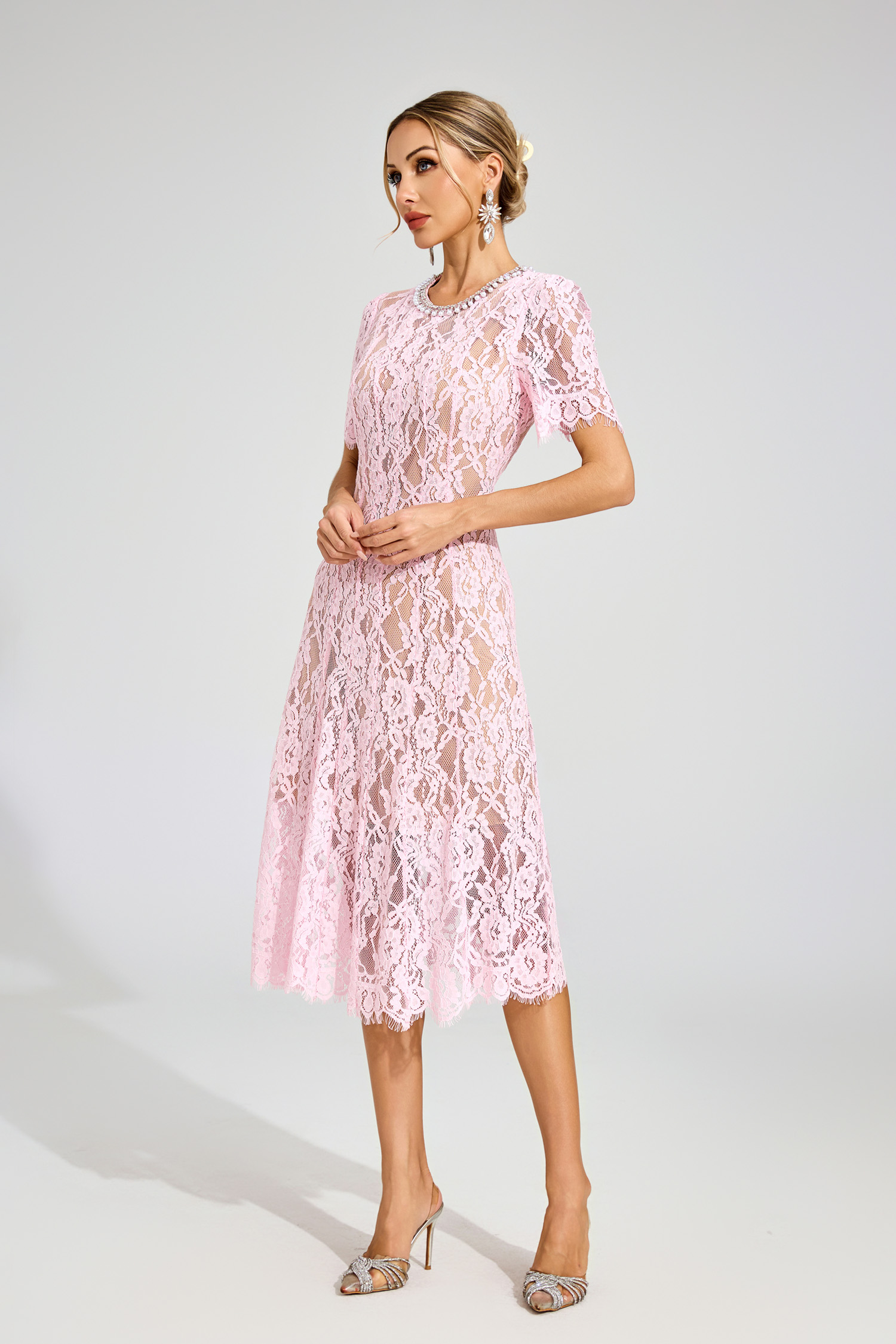 Tate Pink Cut Out Lace Midi Dress