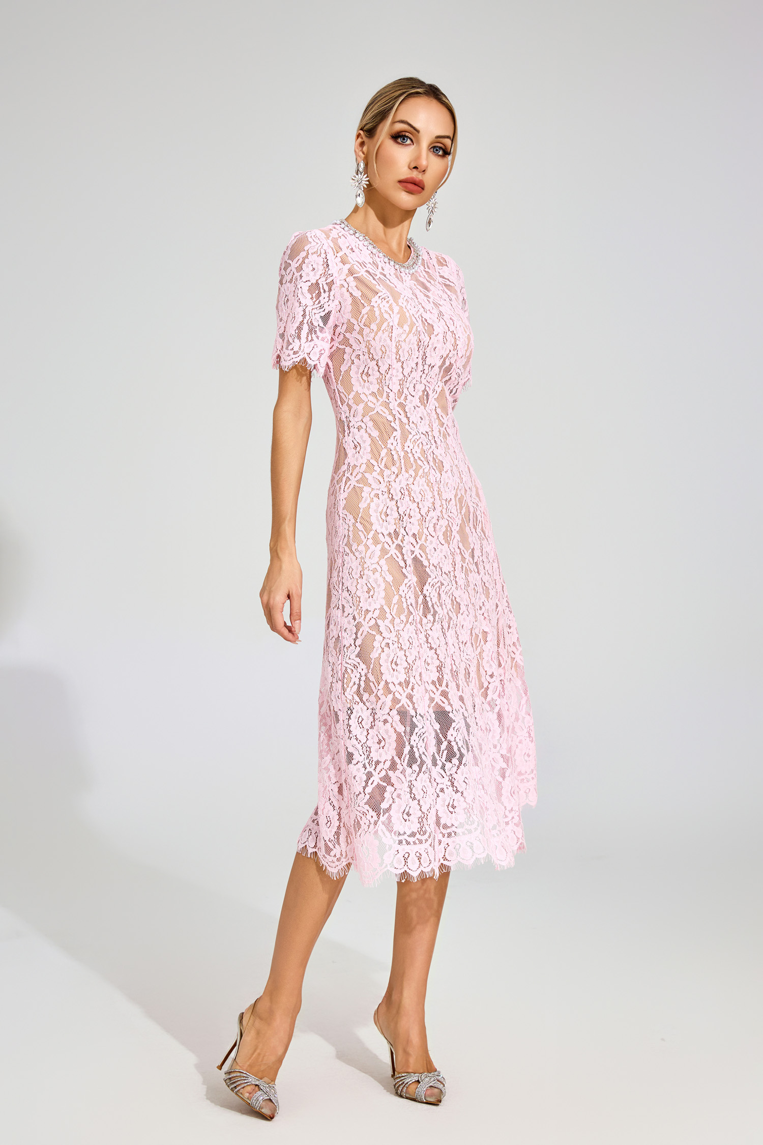 Tate Pink Cut Out Lace Midi Dress