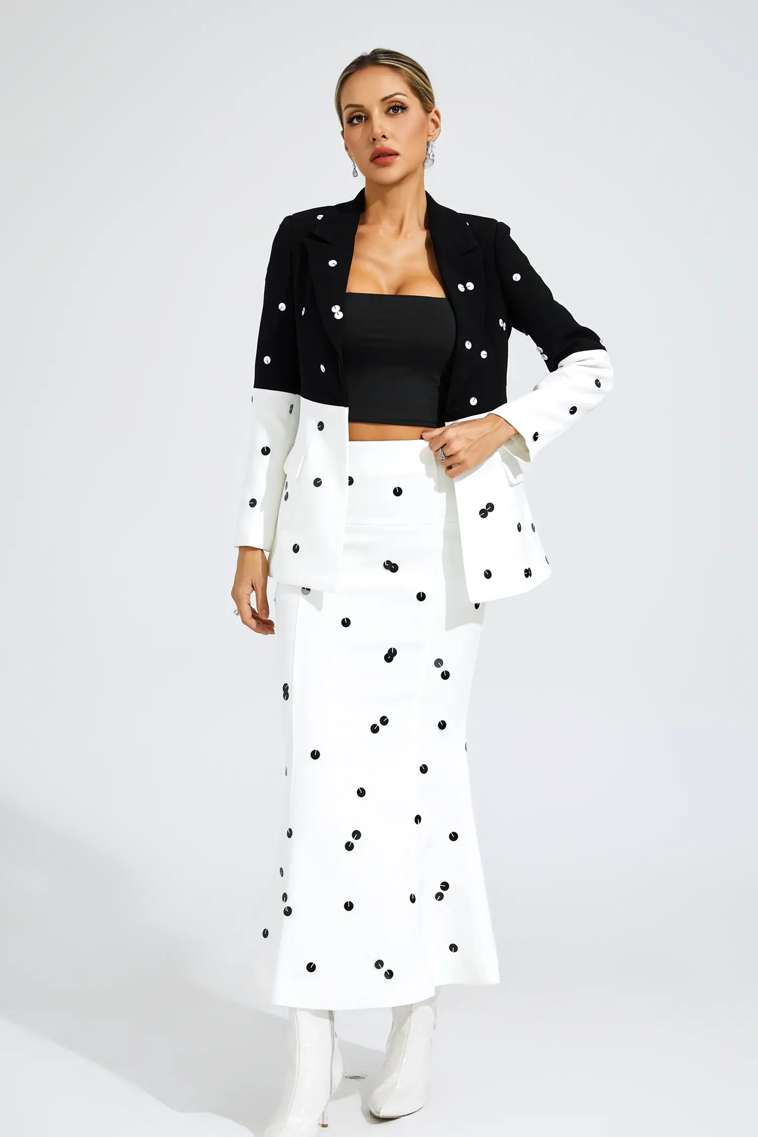 Theobald White Polka Dot Sequins Blazer Set-CATCHALL