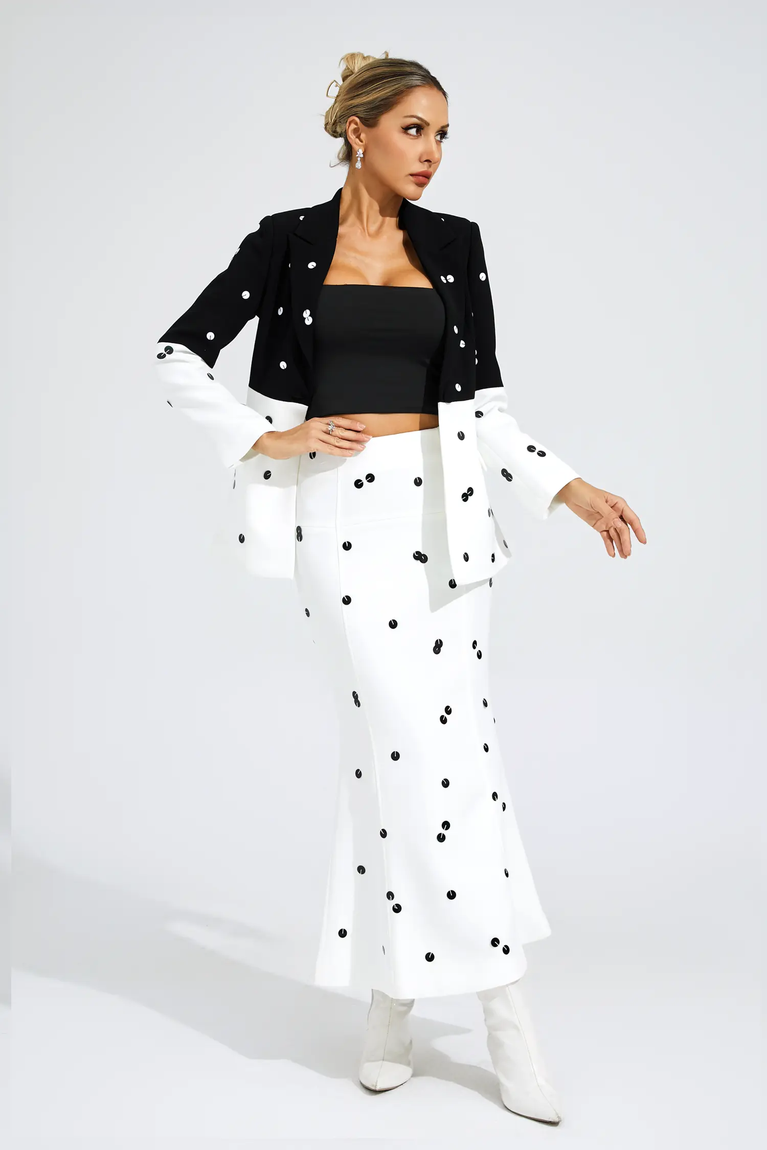 Theobald White Polka Dot Sequins Blazer Set-CATCHALL