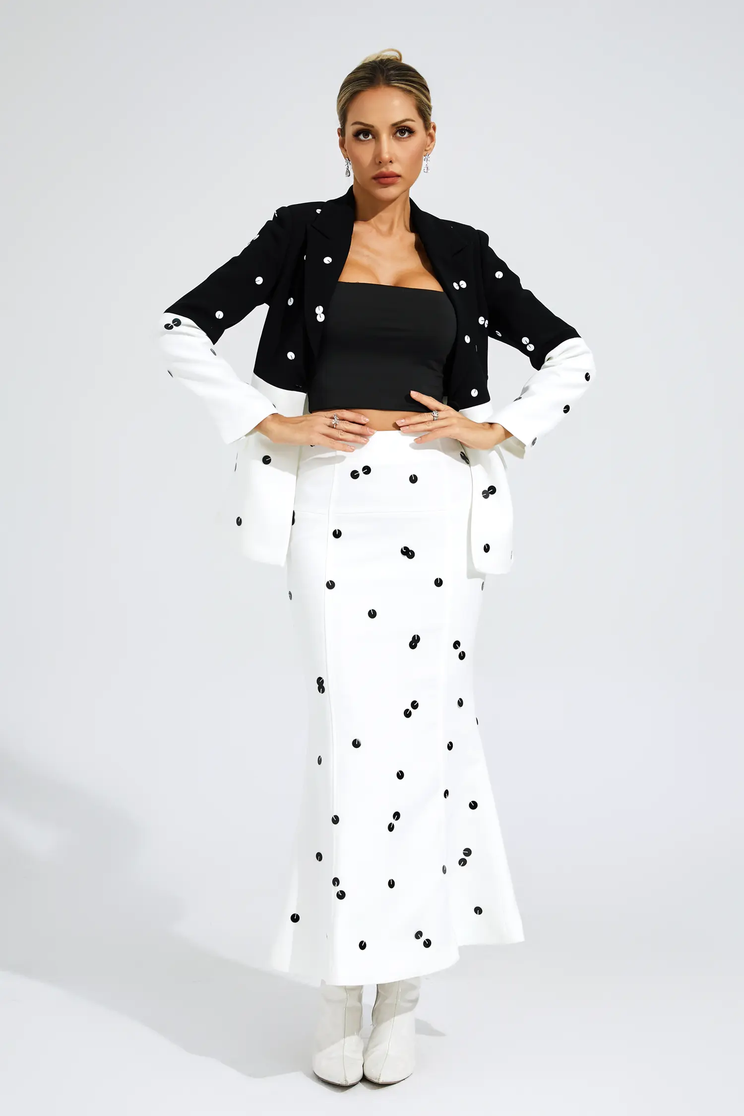 Theobald White Polka Dot Sequins Blazer Set-CATCHALL