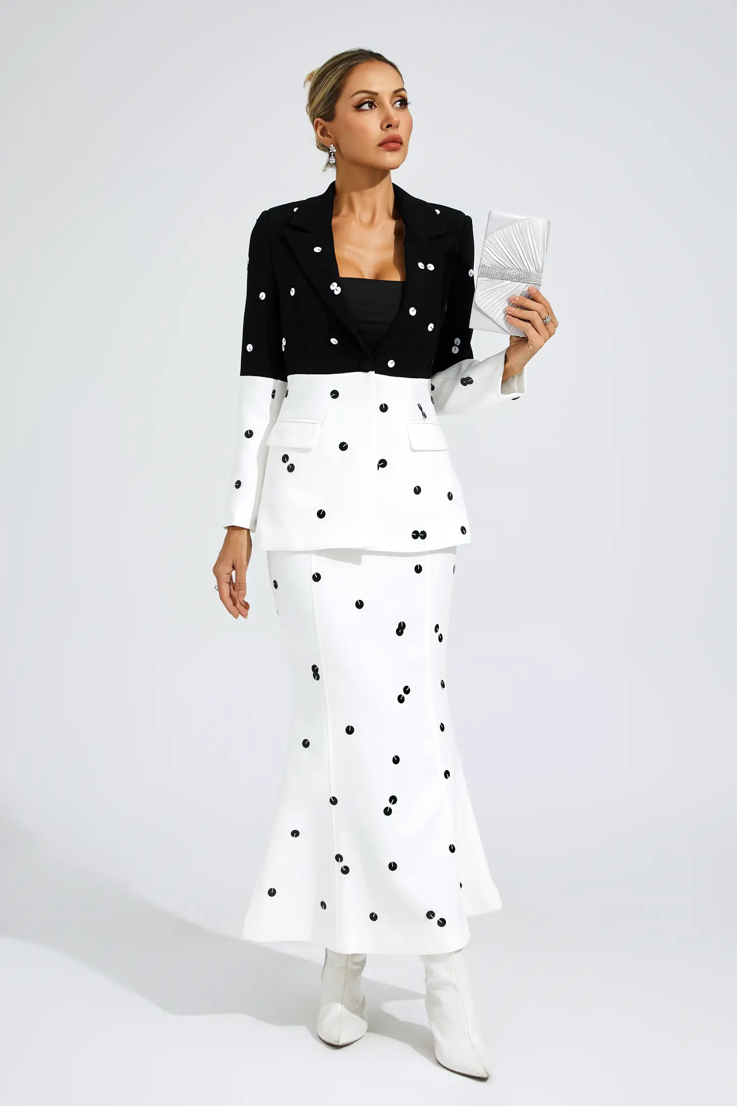 Theobald White Polka Dot Sequins Blazer Set-CATCHALL