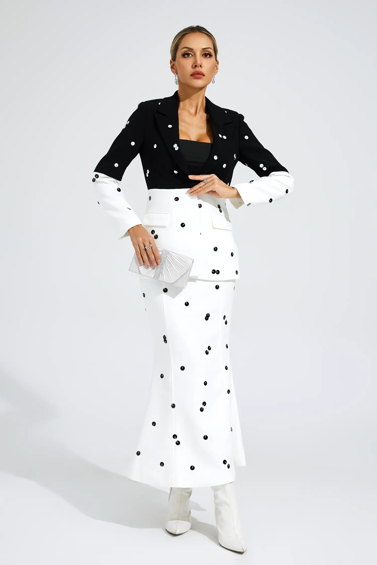 Theobald White Polka Dot Sequins Blazer Set-CATCHALL