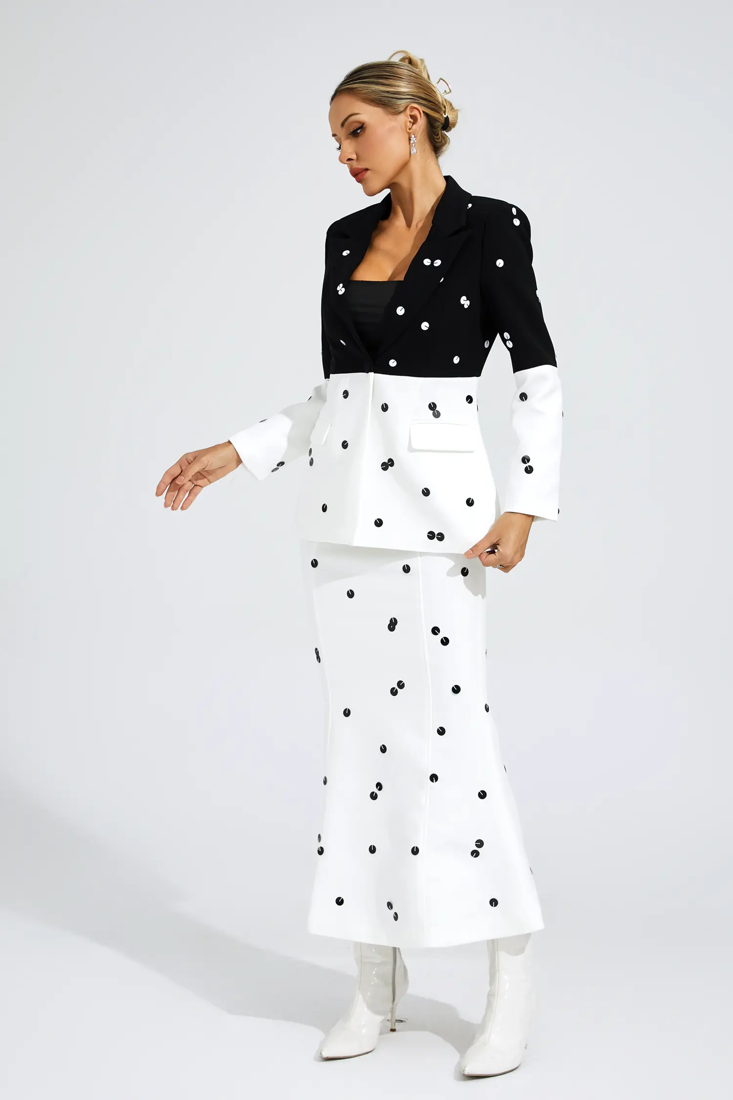 Theobald White Polka Dot Sequins Blazer Set-CATCHALL