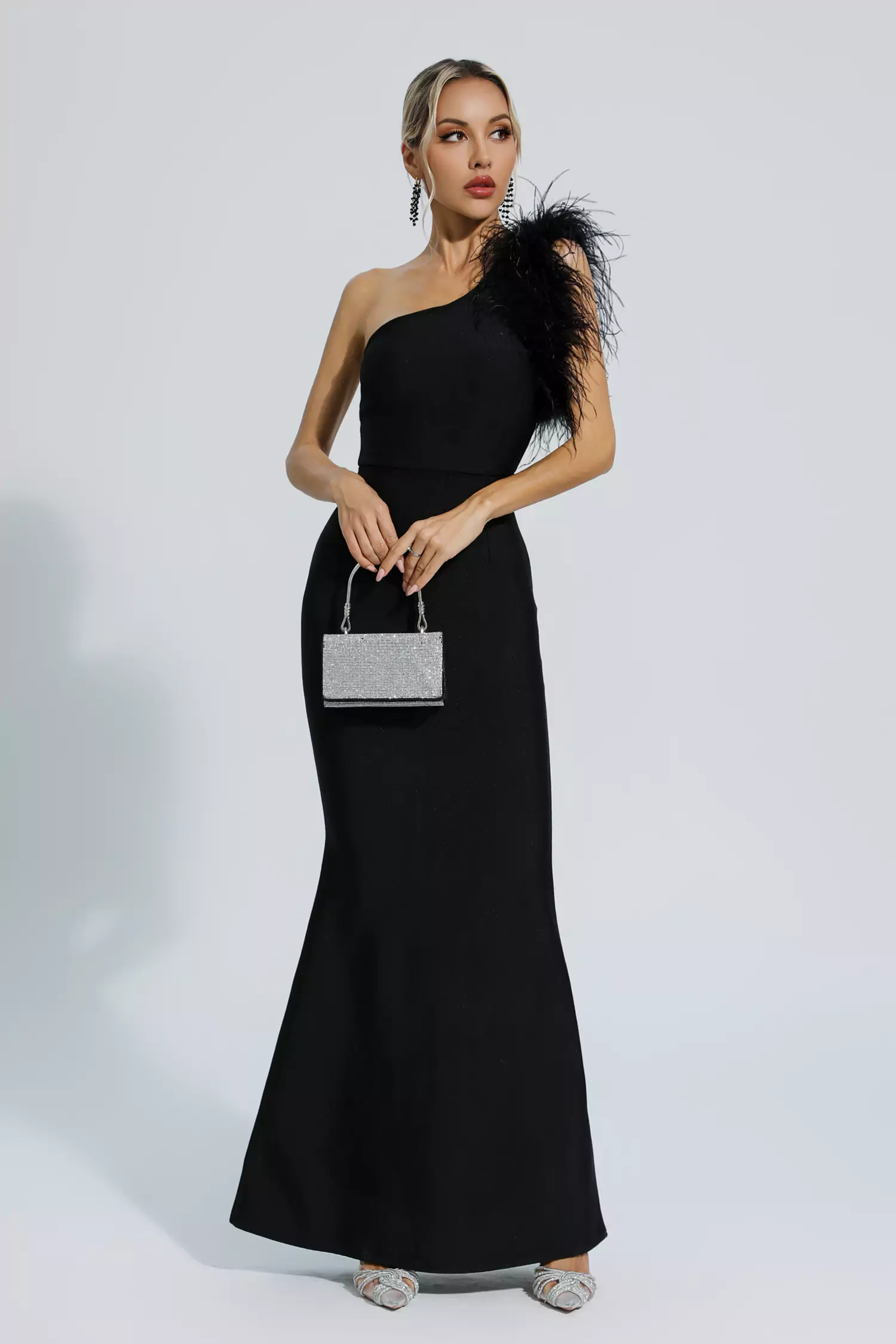 Tiana Black One Shoulder Feather Bandage Dress-CATCHALL