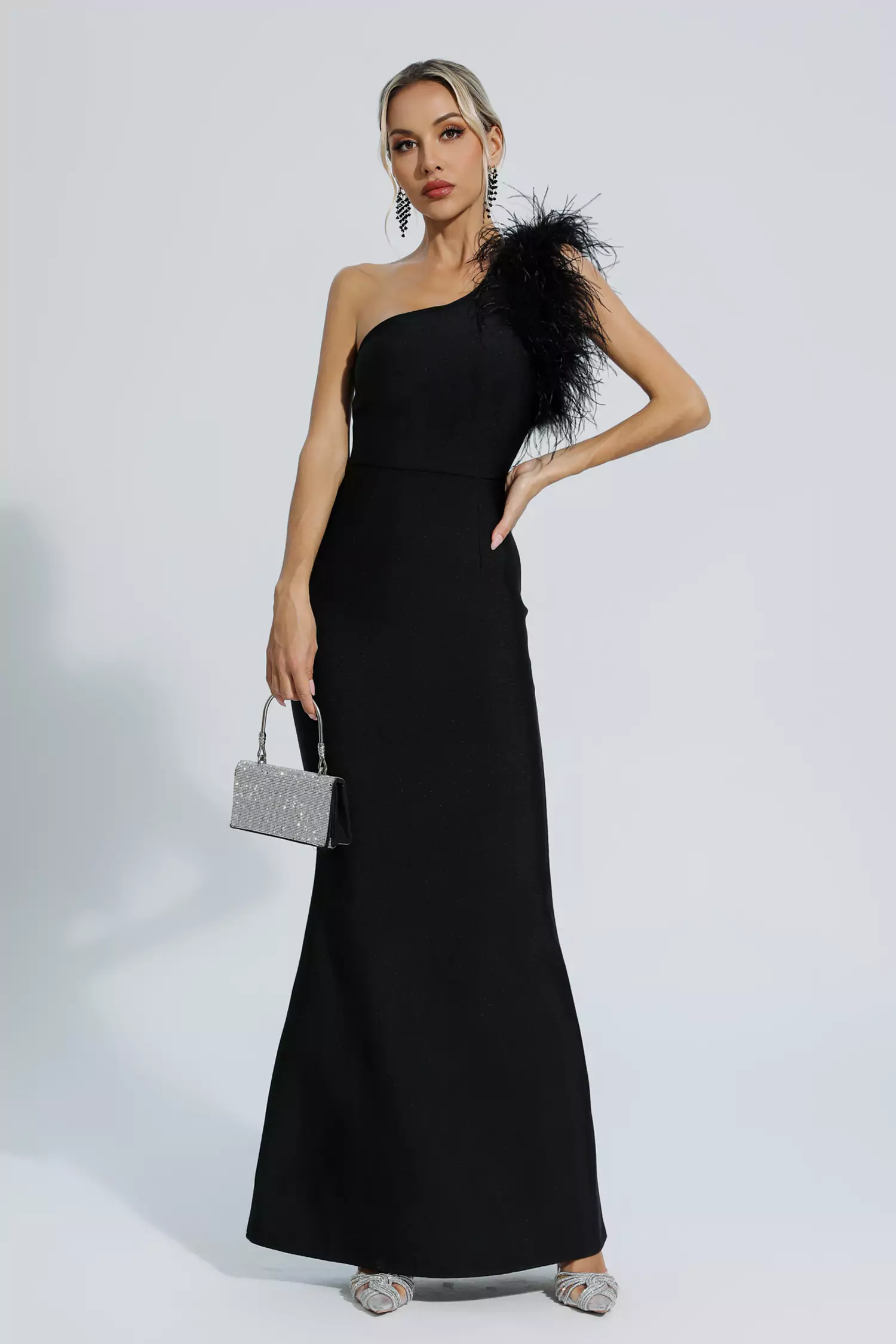Tiana Black One Shoulder Feather Bandage Dress-CATCHALL