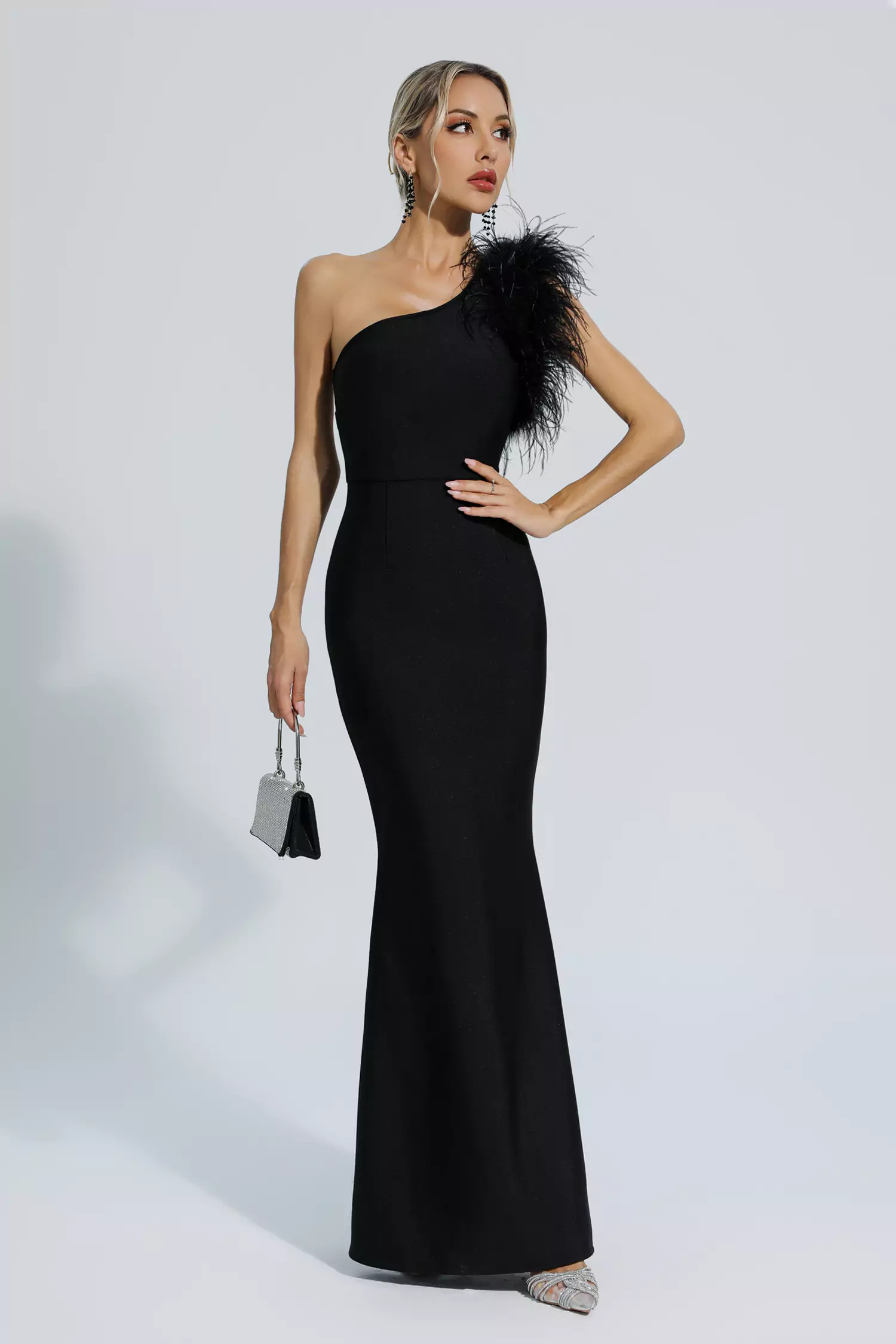 Tiana Black One Shoulder Feather Bandage Dress-CATCHALL