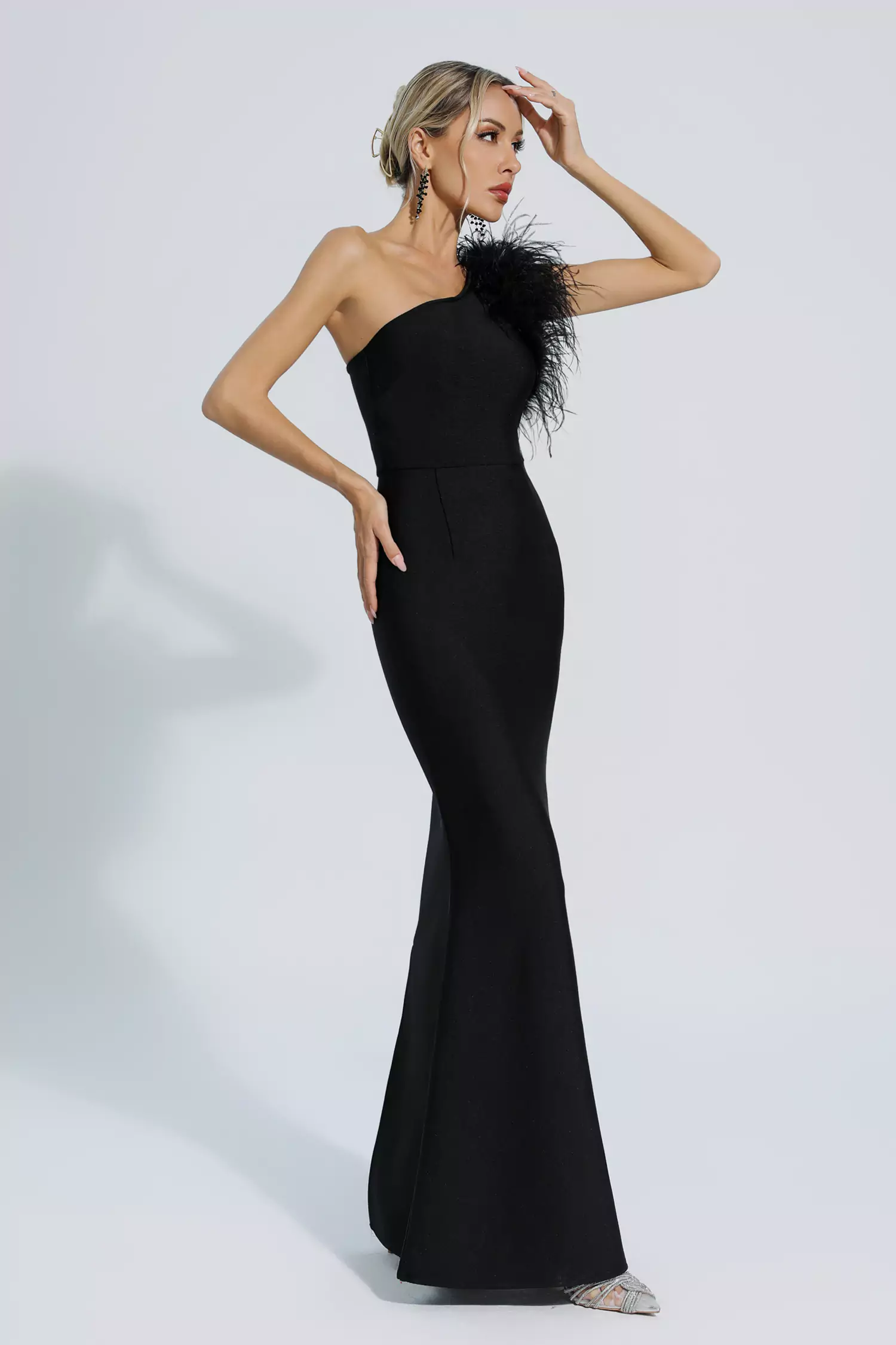 Tiana Black One Shoulder Feather Bandage Dress-CATCHALL