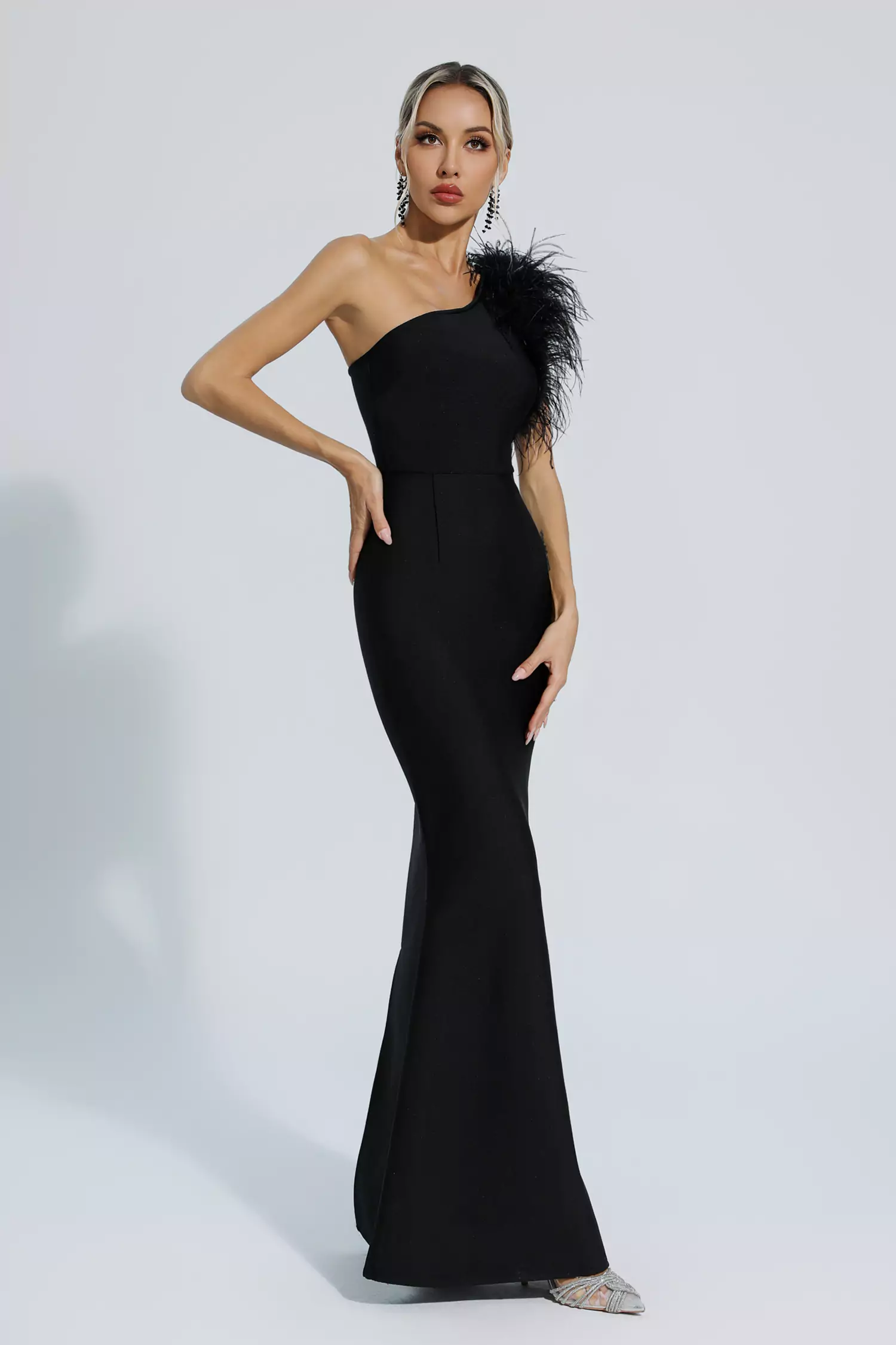 Tiana Black One Shoulder Feather Bandage Dress-CATCHALL