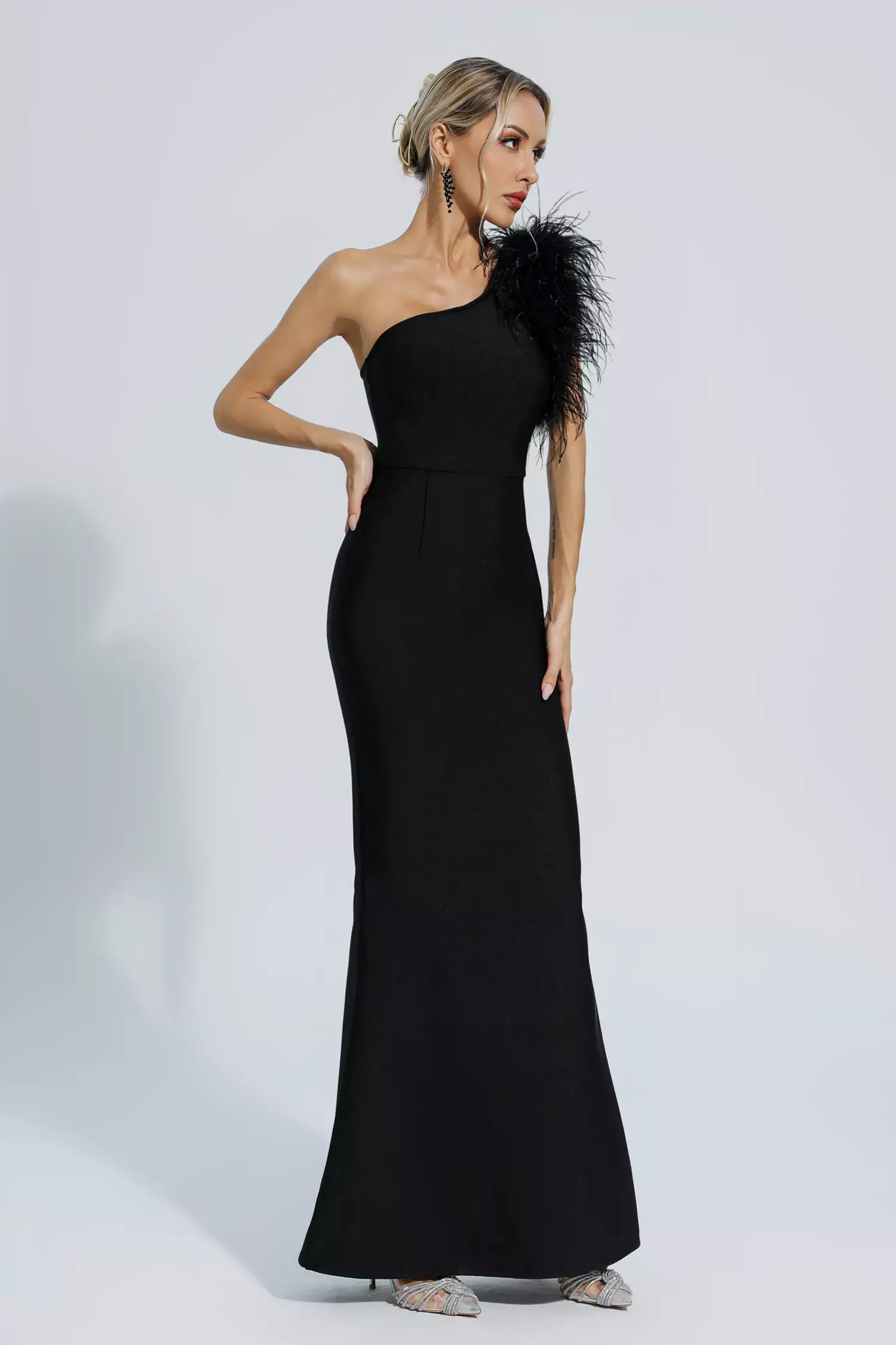 Tiana Black One Shoulder Feather Bandage Dress-CATCHALL