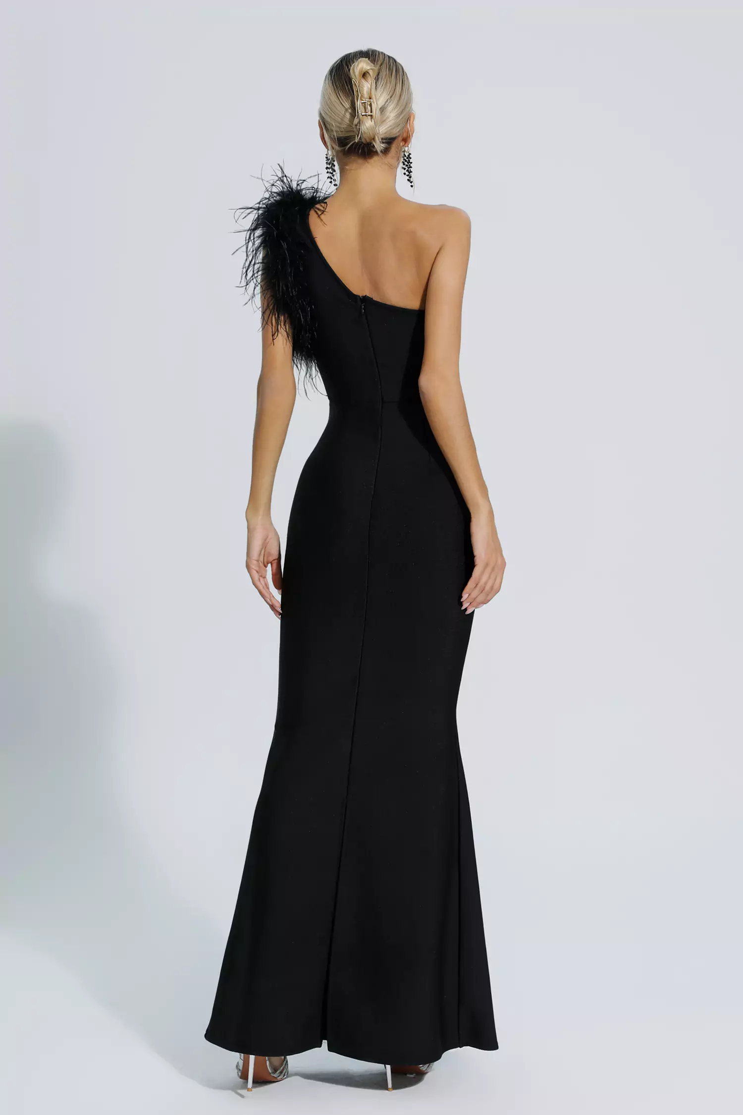 Tiana Black One Shoulder Feather Bandage Dress-CATCHALL