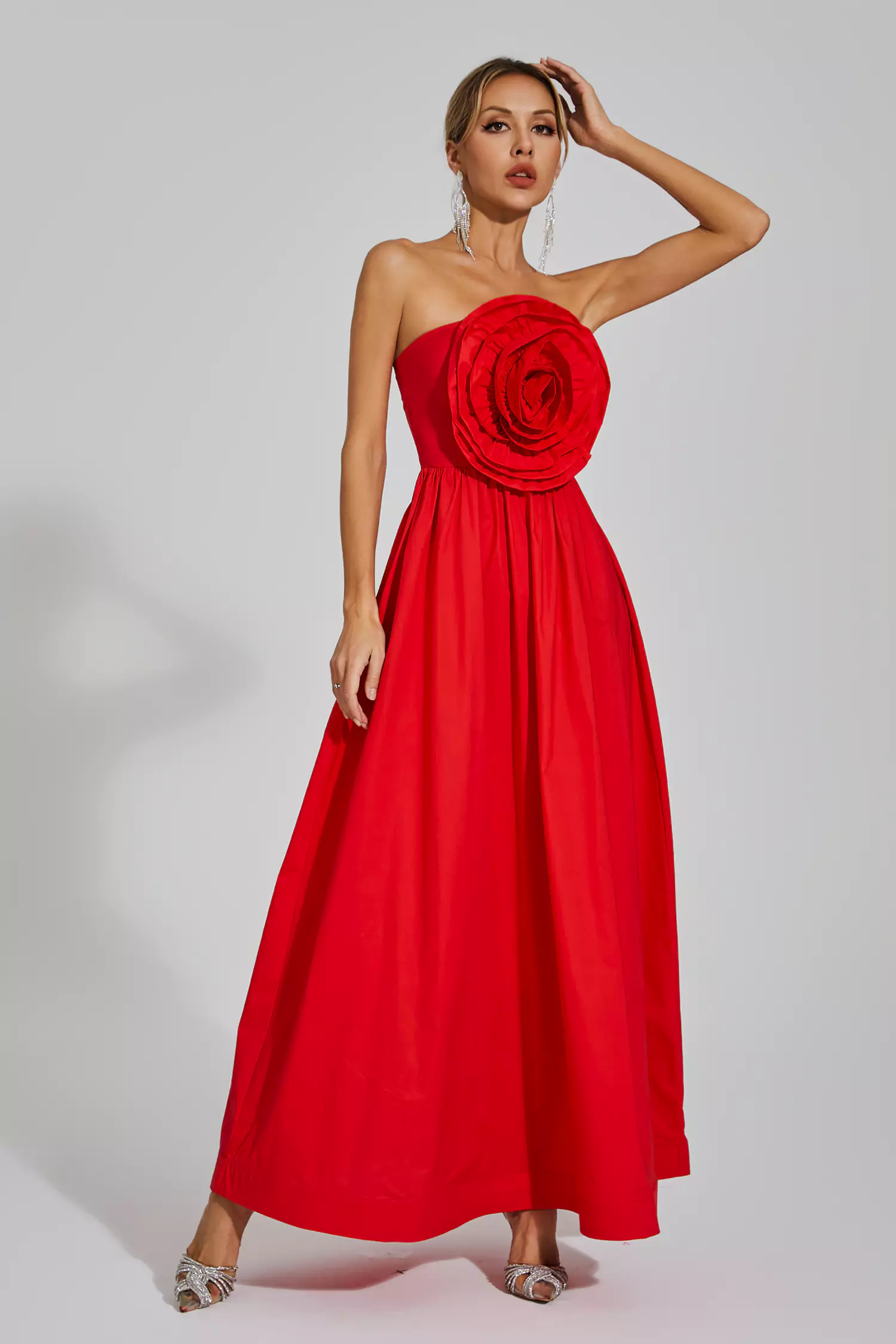 Tori Red Rose Flower Off Shoulder Dress-CATCHALL