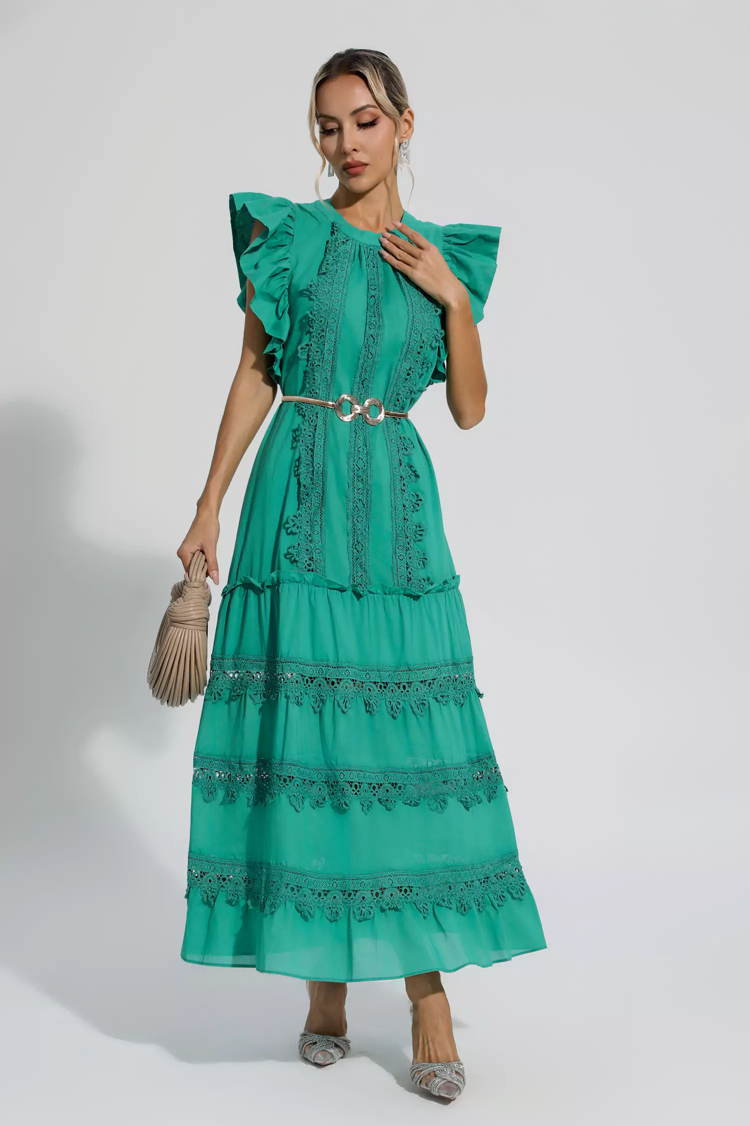 Treasure Green Embroidered Belted Maxi Dress-CATCHALL