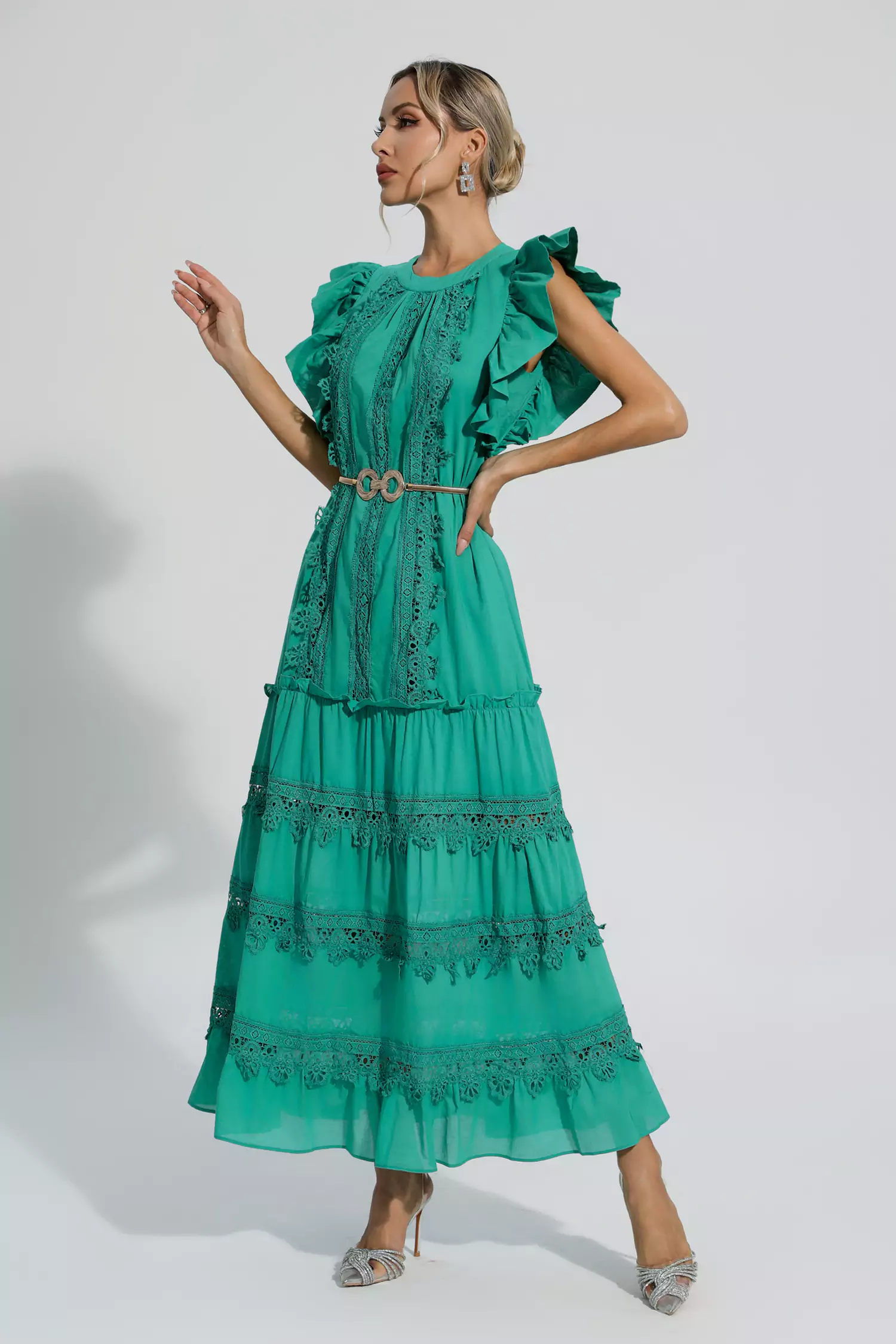 Treasure Green Embroidered Belted Maxi Dress-CATCHALL