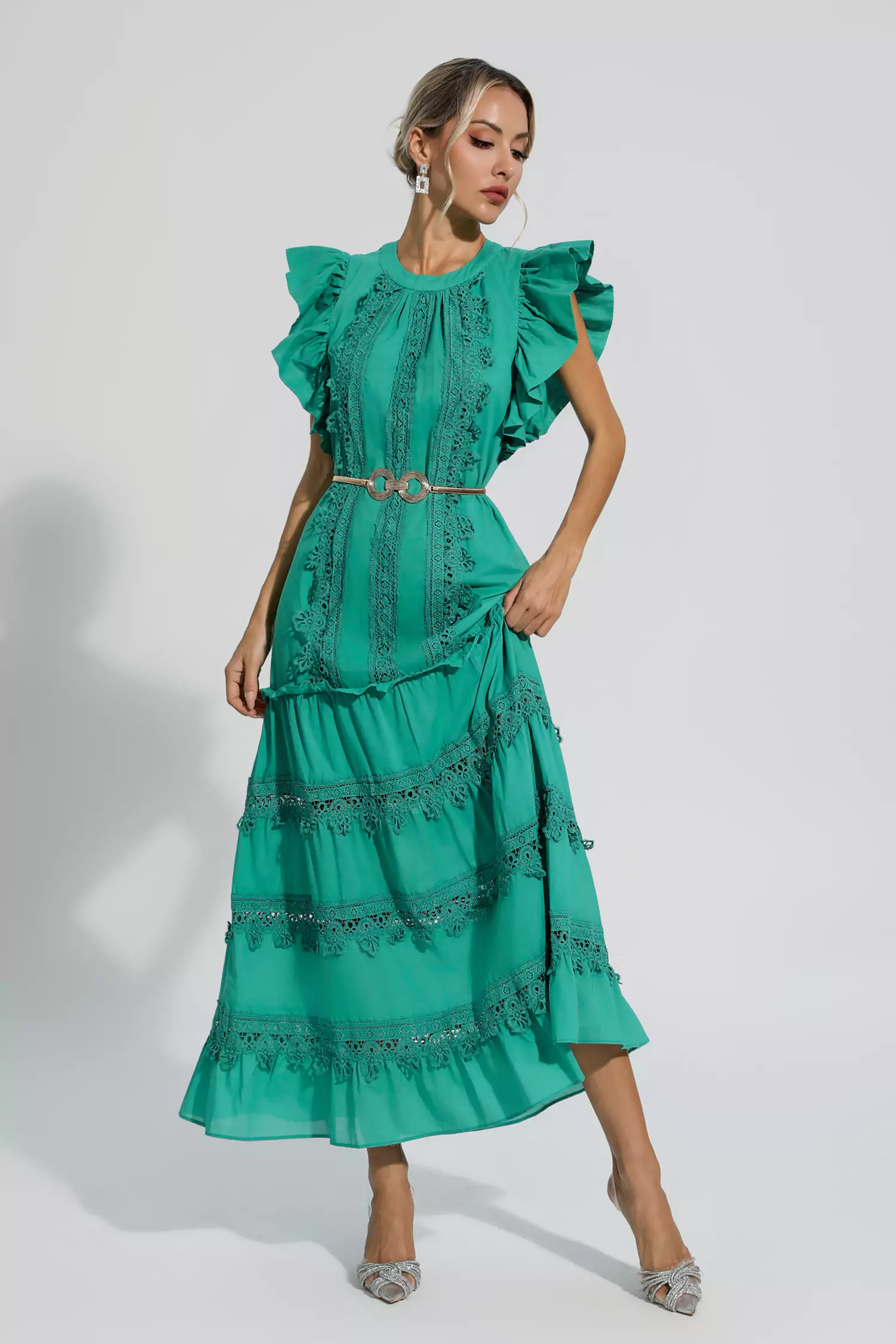 Treasure Green Embroidered Belted Maxi Dress