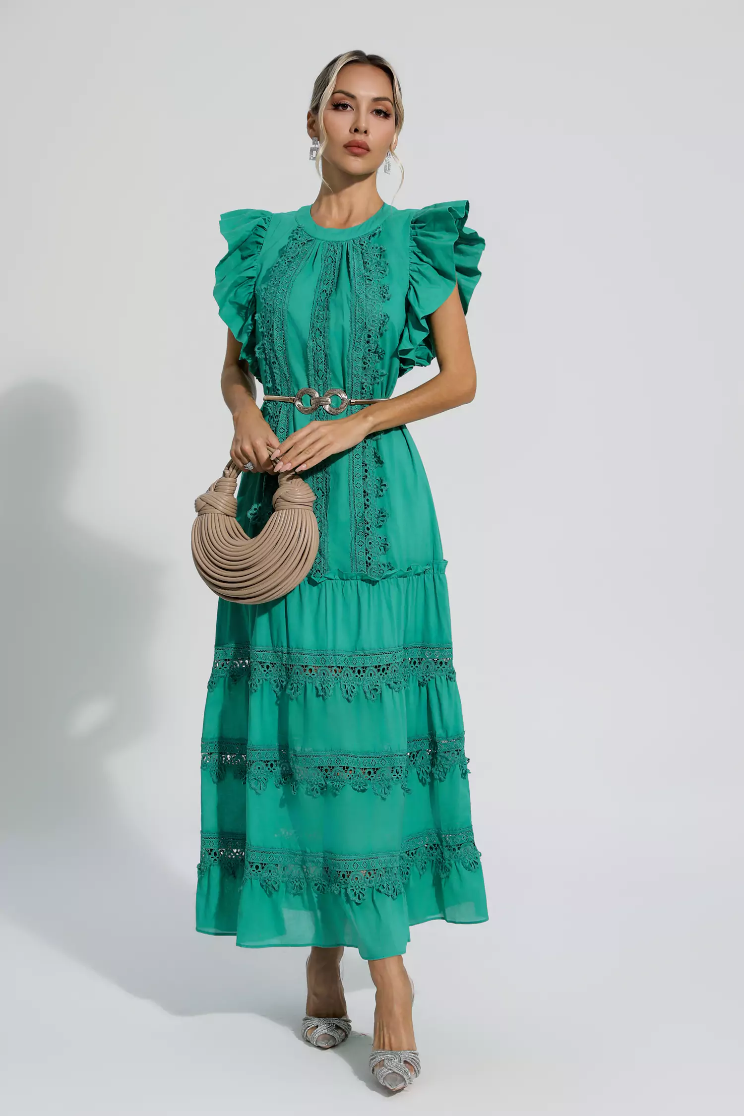 Treasure Green Embroidered Belted Maxi Dress