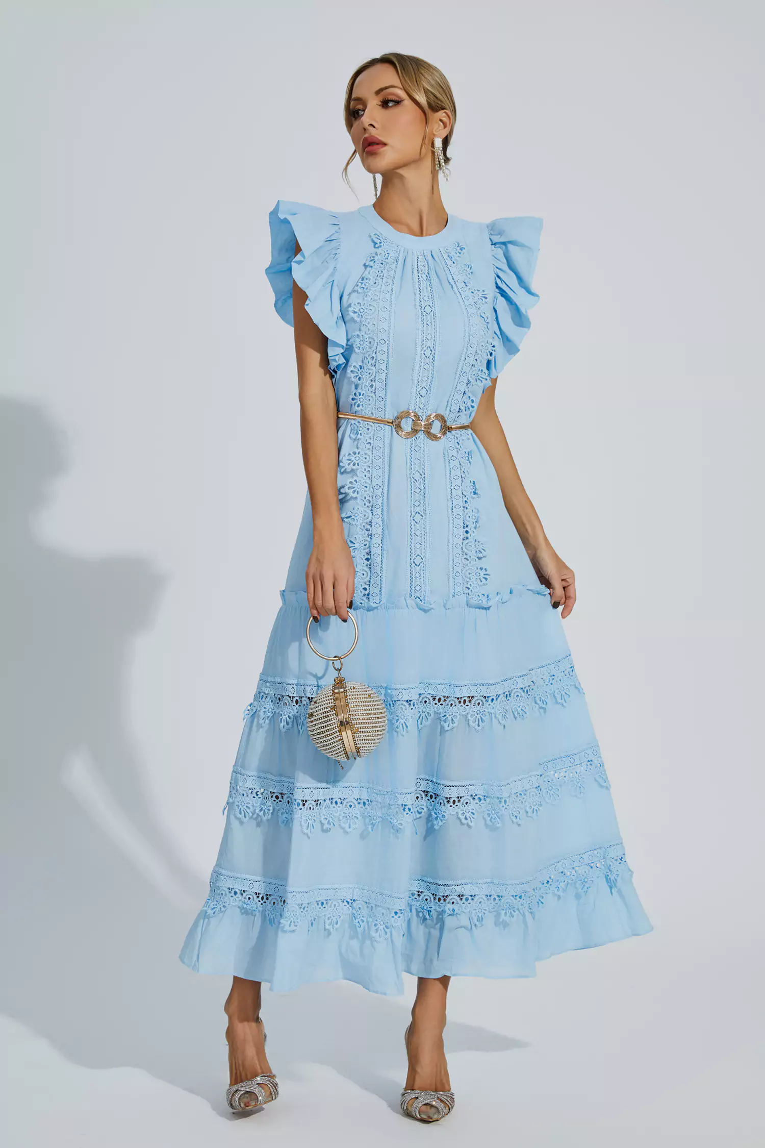 Treasure Blue Embroidered Belted Maxi Dress